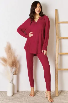 Full Size Notched Long Sleeve Top and Pants Set