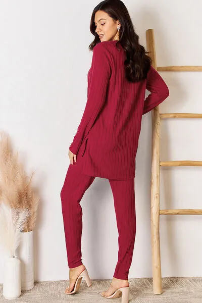 Full Size Notched Long Sleeve Top and Pants Set