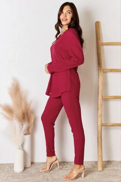 Full Size Notched Long Sleeve Top and Pants Set