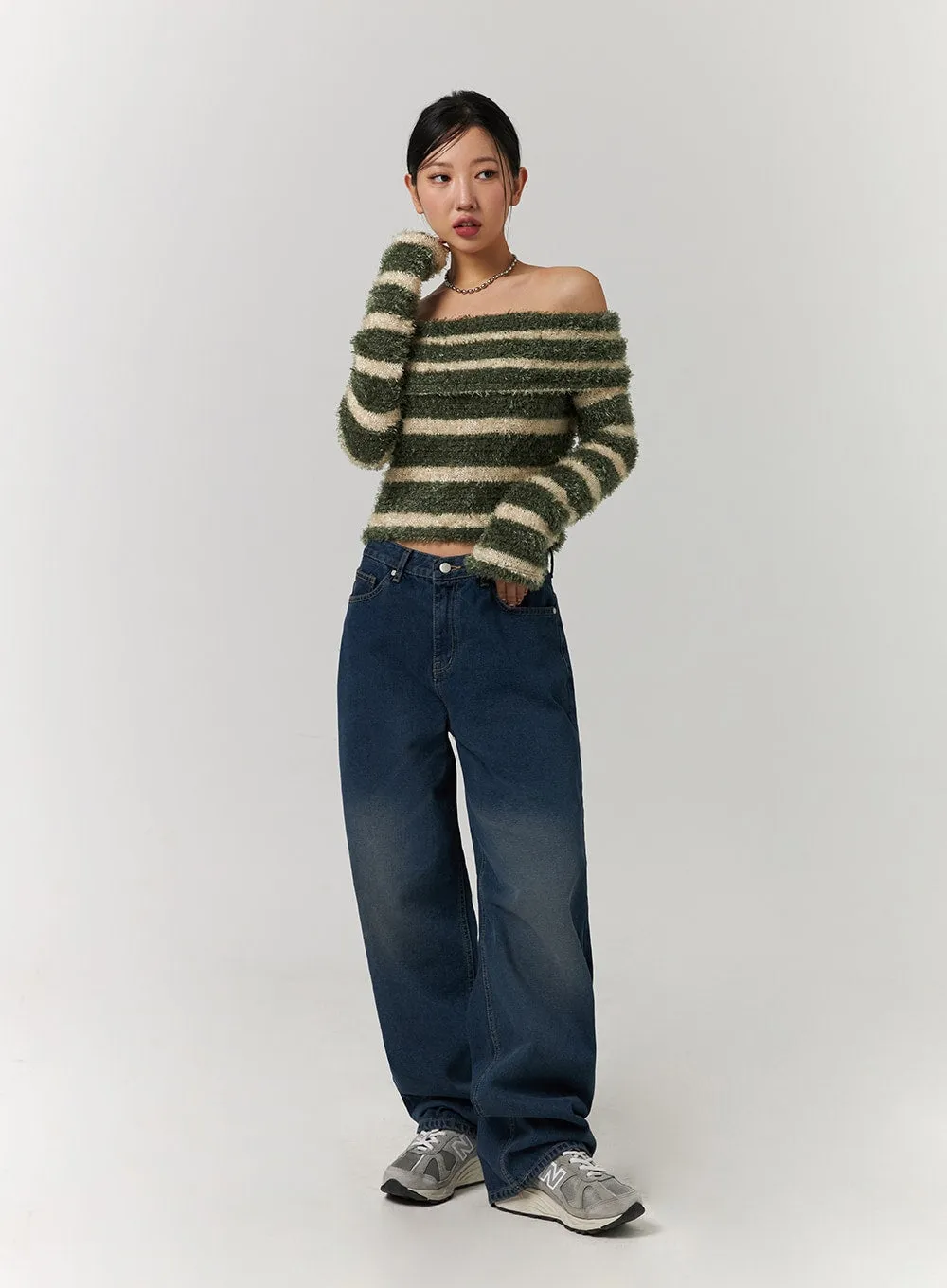 Fuzzy Striped Off-Shoulder Wool-Blend Long Sleeve Sweater CD329