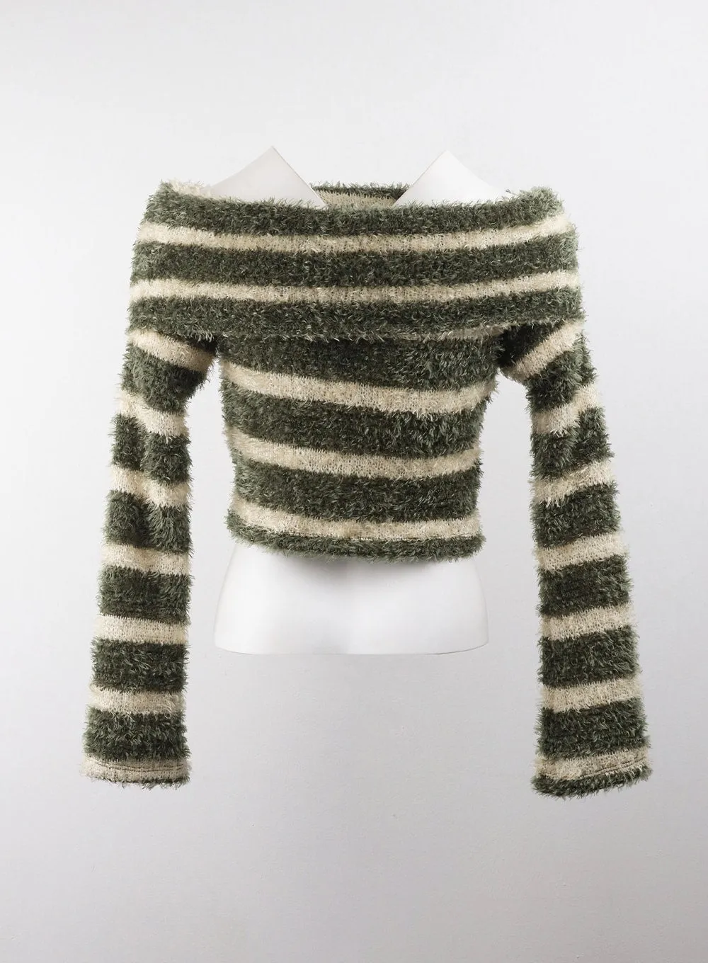 Fuzzy Striped Off-Shoulder Wool-Blend Long Sleeve Sweater CD329