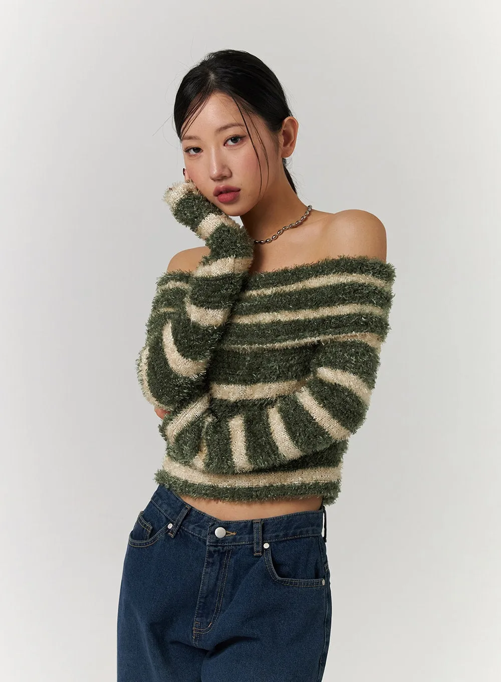 Fuzzy Striped Off-Shoulder Wool-Blend Long Sleeve Sweater CD329