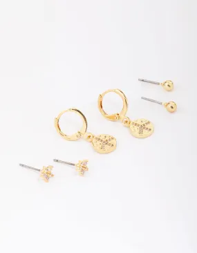 Gold Plated Cubic Zirconia Coin Earring 3-Pack