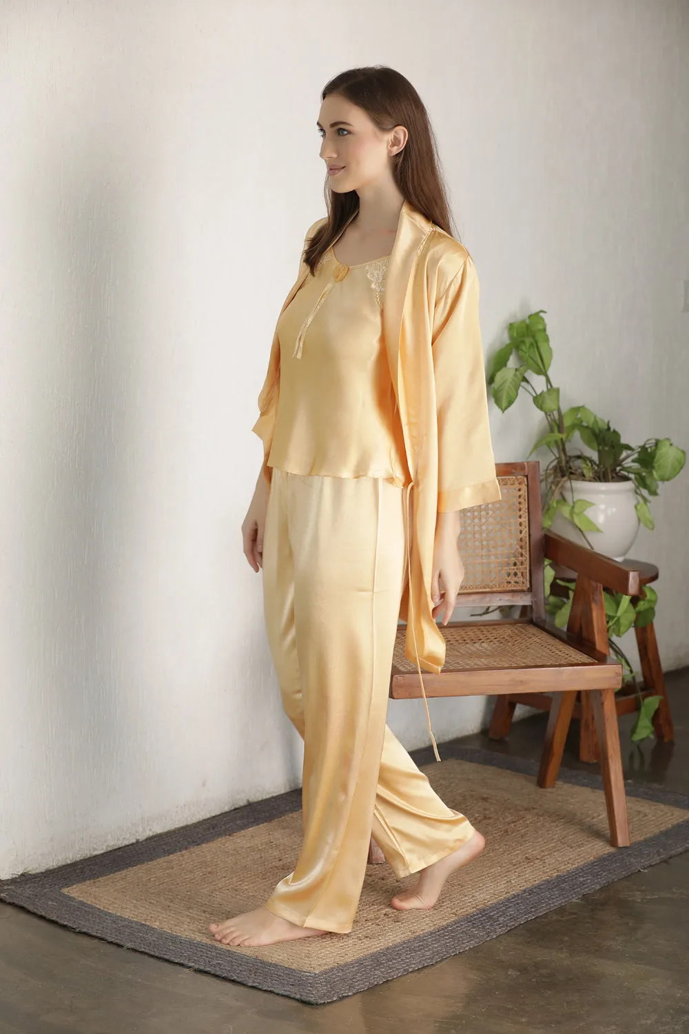 Gold Satin Night suit with Robe