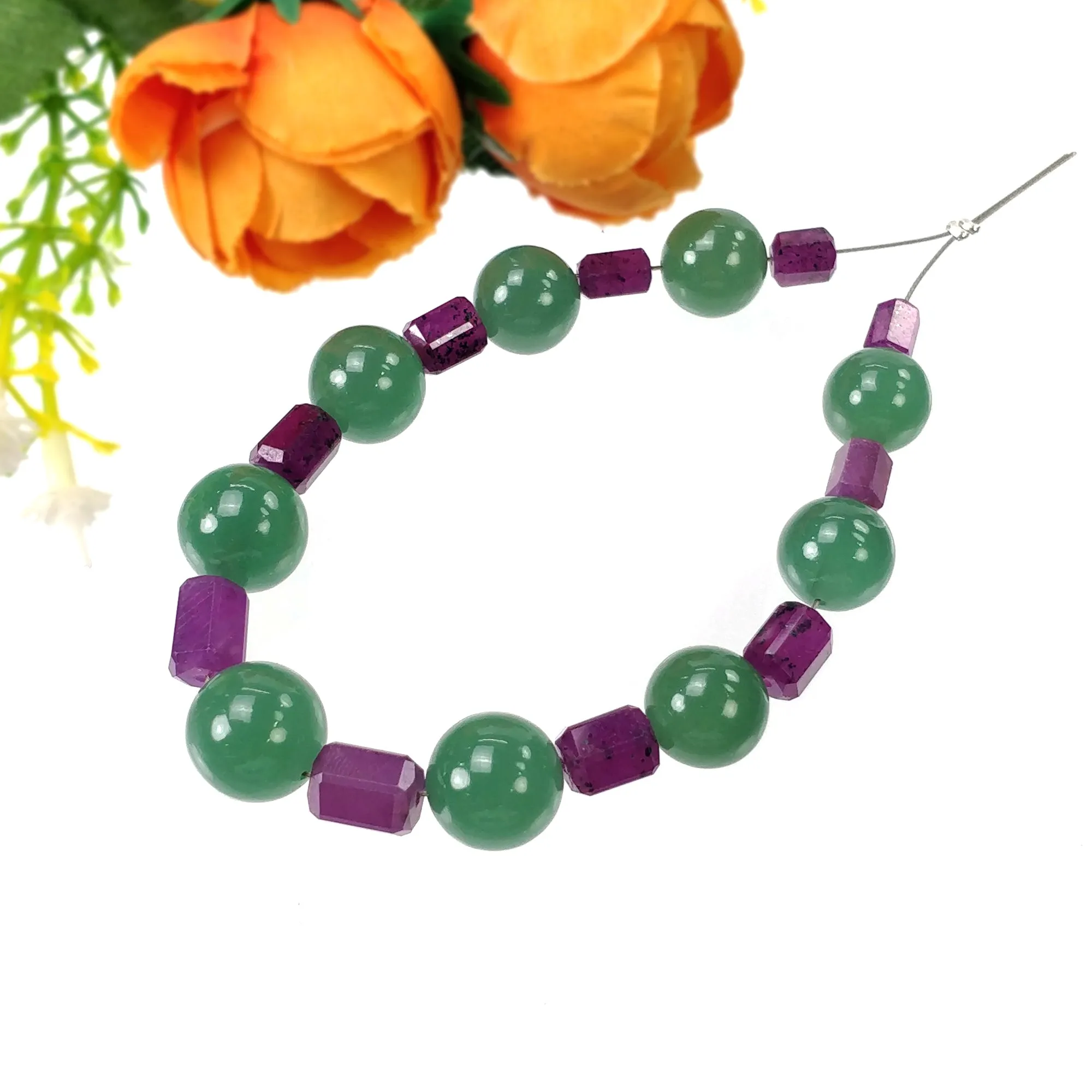 Green QUARTZITE With Raspberry SAPPHIRE Gemstone Loose Beads : 123.30cts Natural Untreated Quartzite Round Balls Pencil 7.10"