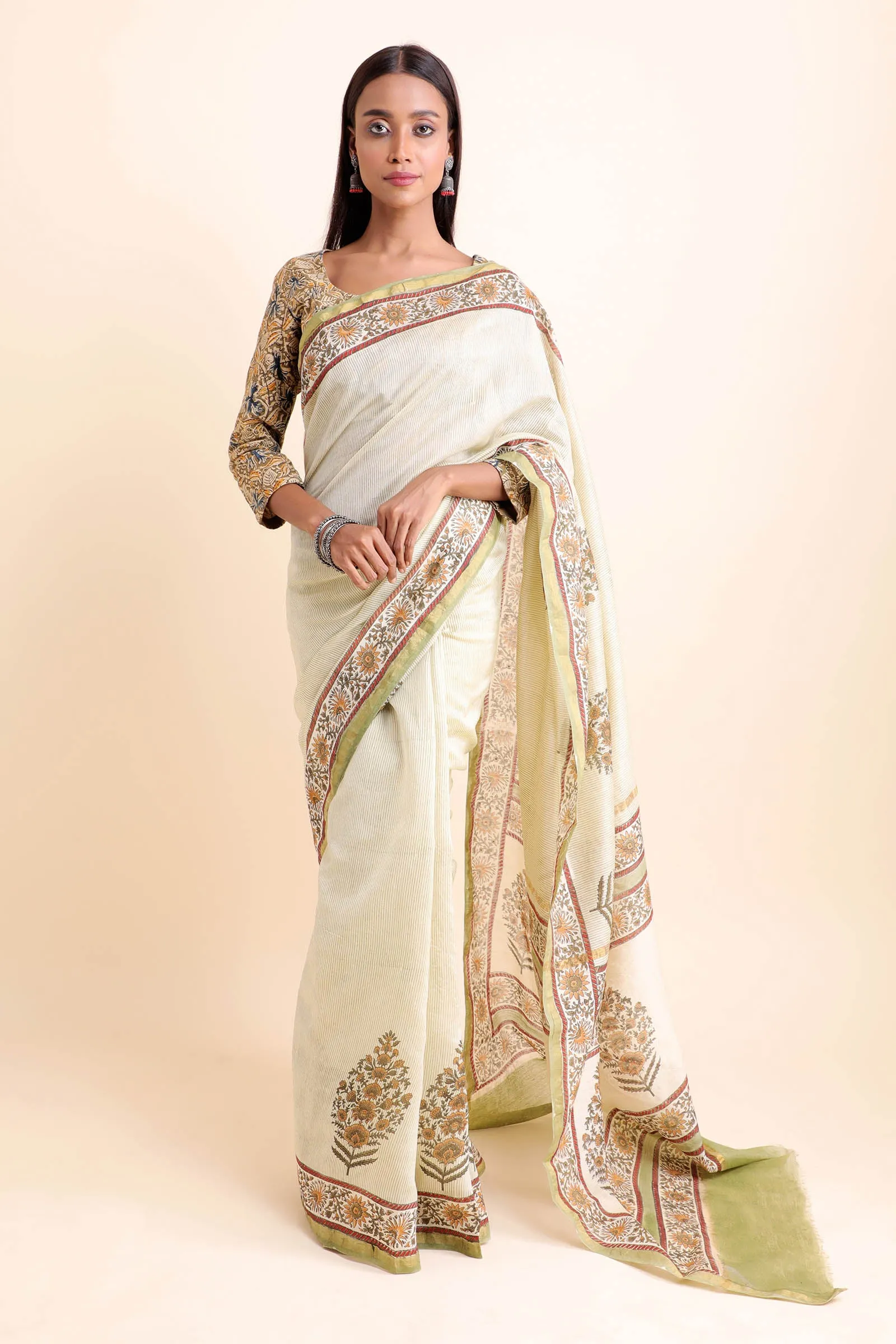 Guldasta Chanderi Cotton Silk Saree wth Handblock