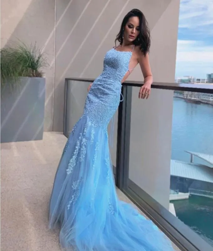 Halter Mermaid Prom Dress in Sky Blue