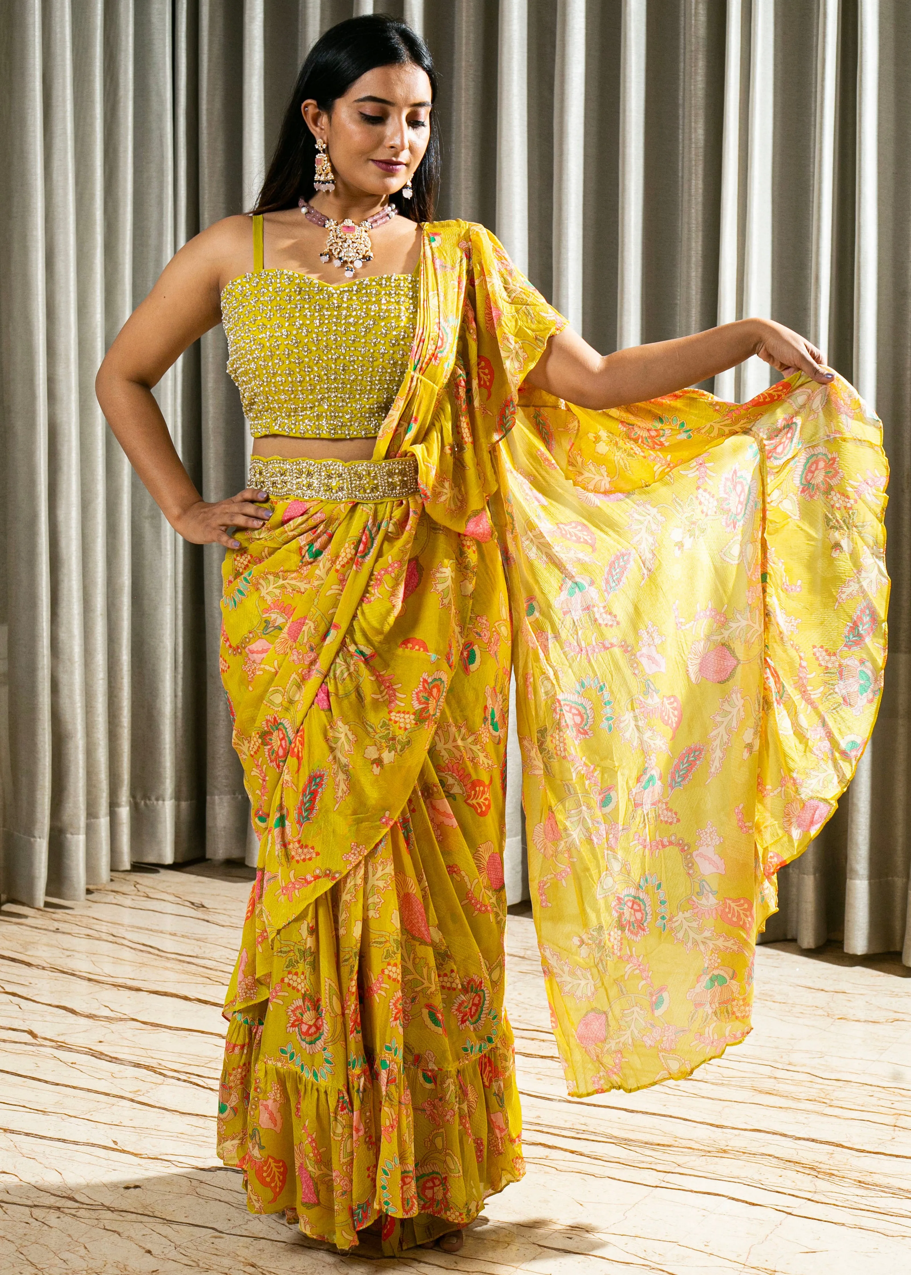 Hand Embroidered Digital Printed Chinnon Georgette Saree with Stitched Blouse