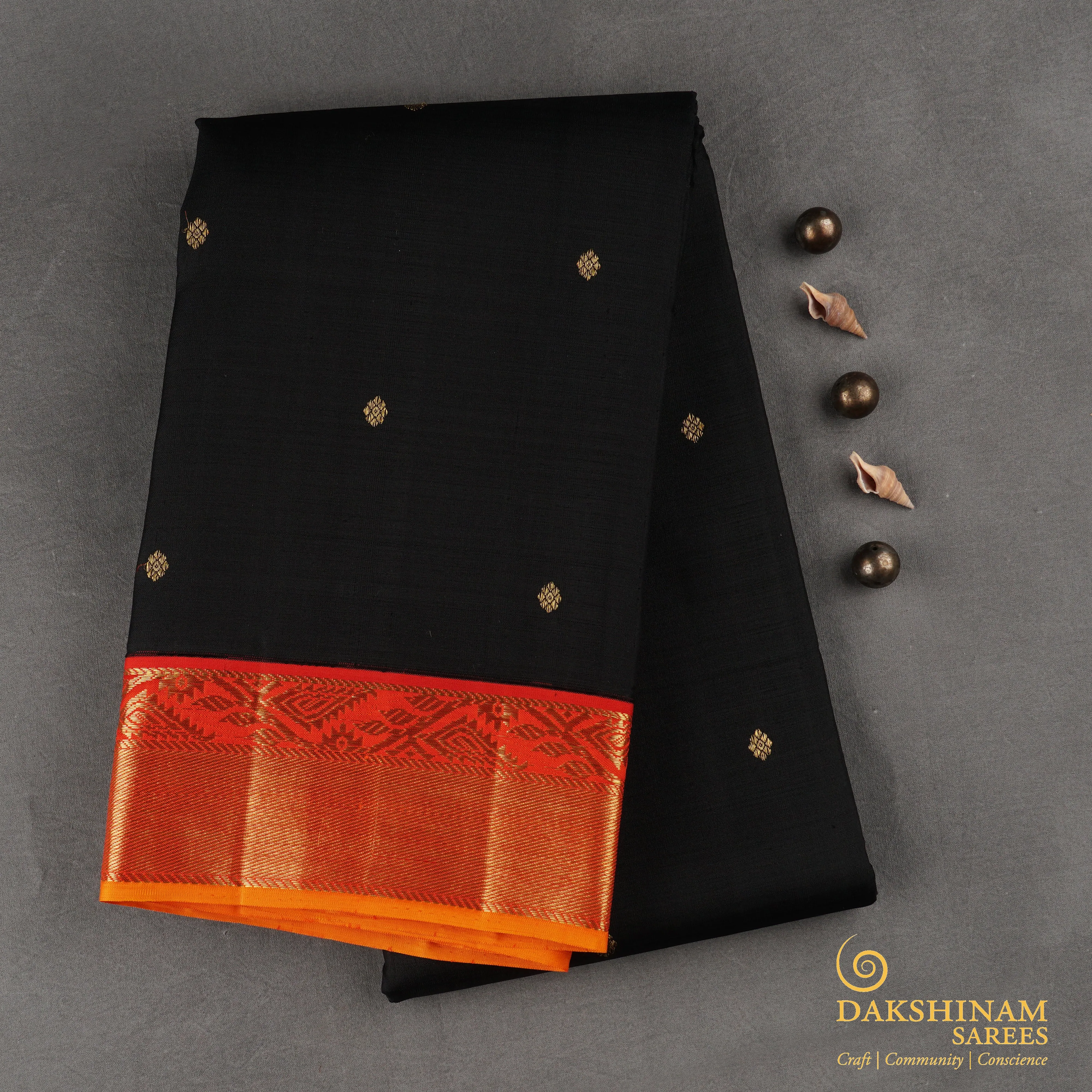 Handwoven Black with Orange Kanjivaram Silk Saree - 1836T008333DSC