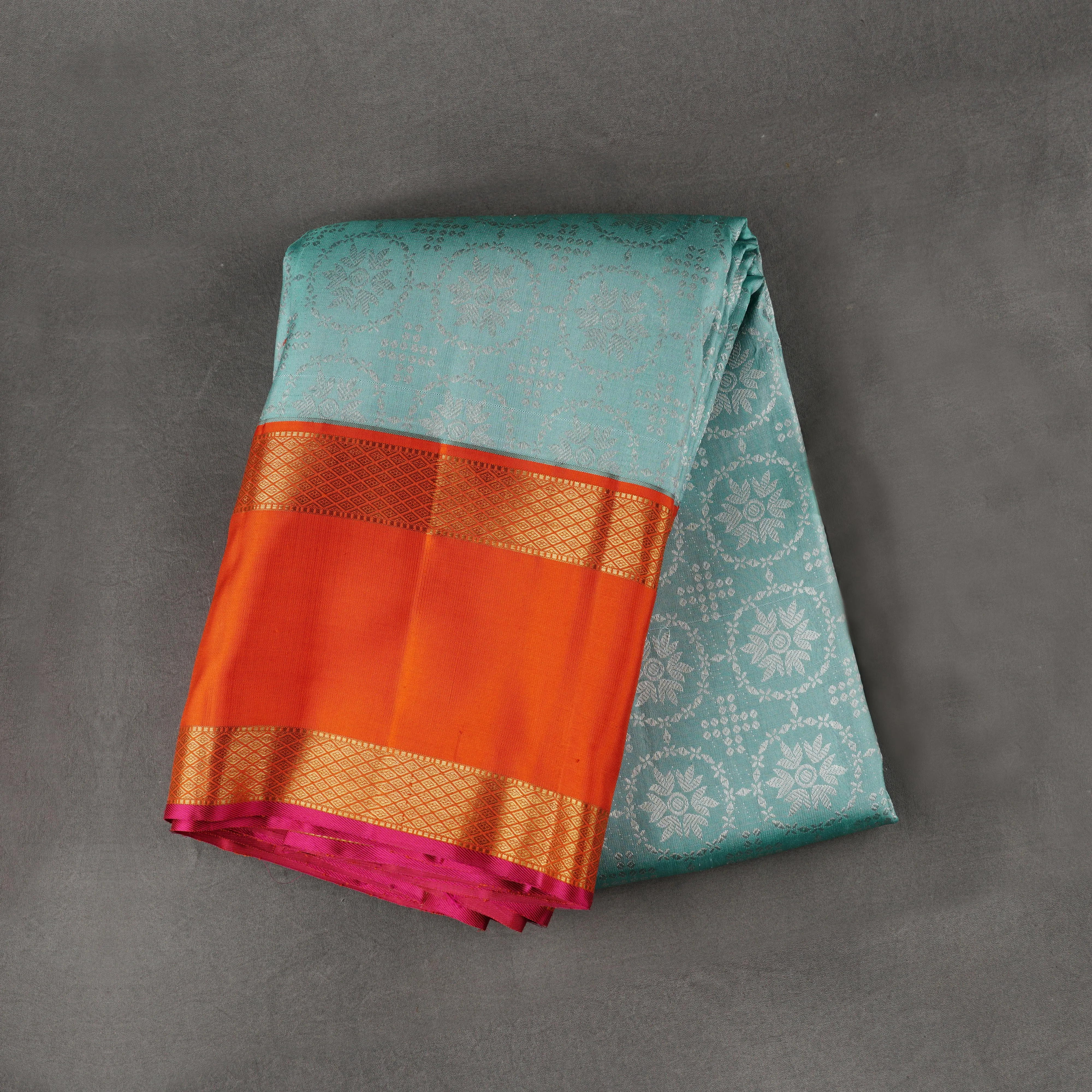 Handwoven Blue with Orange Kanjivaram Silk Saree - 1834T008272DSC