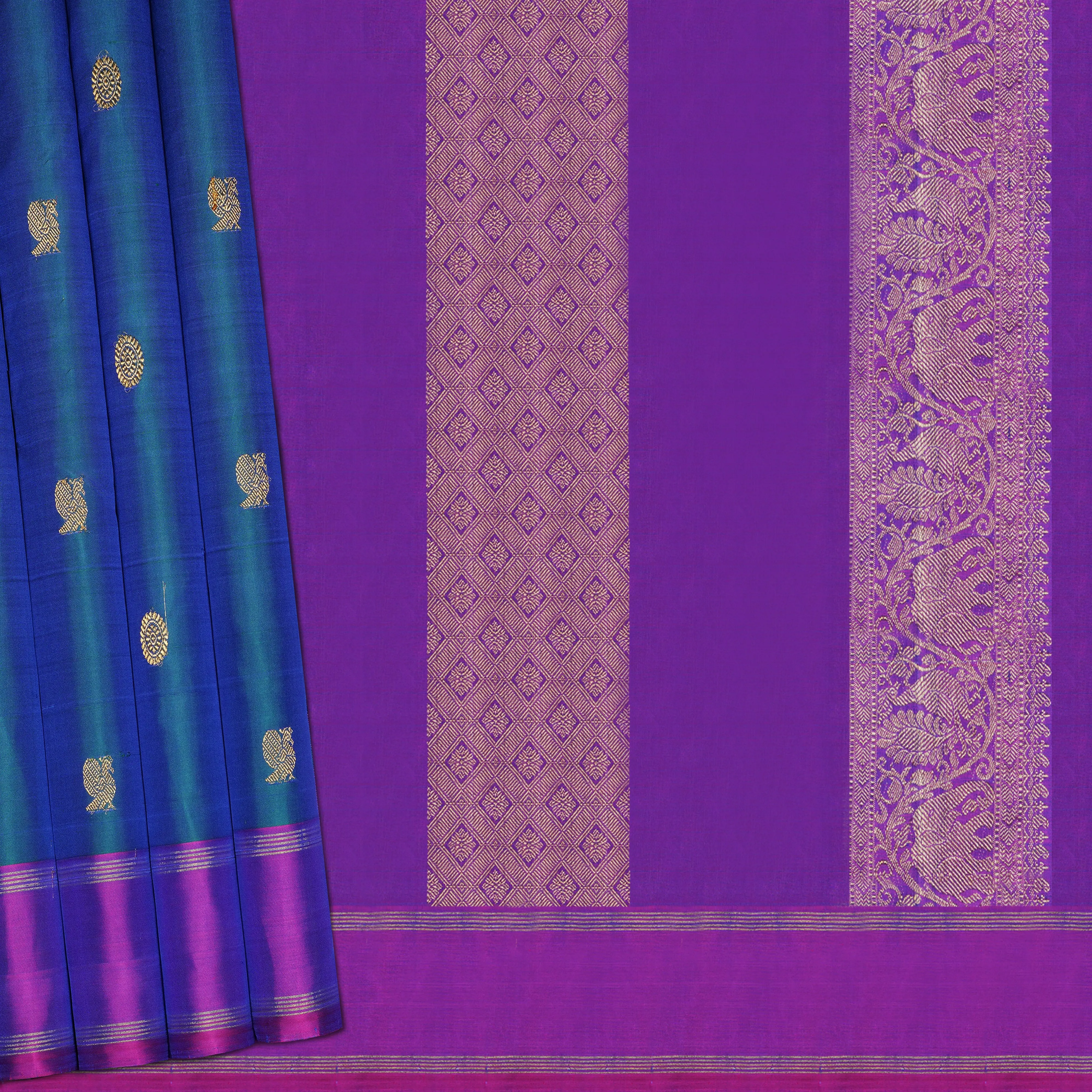 Handwoven Blue with Violet Kanjivaram Silk Saree - 2132T010641DSC