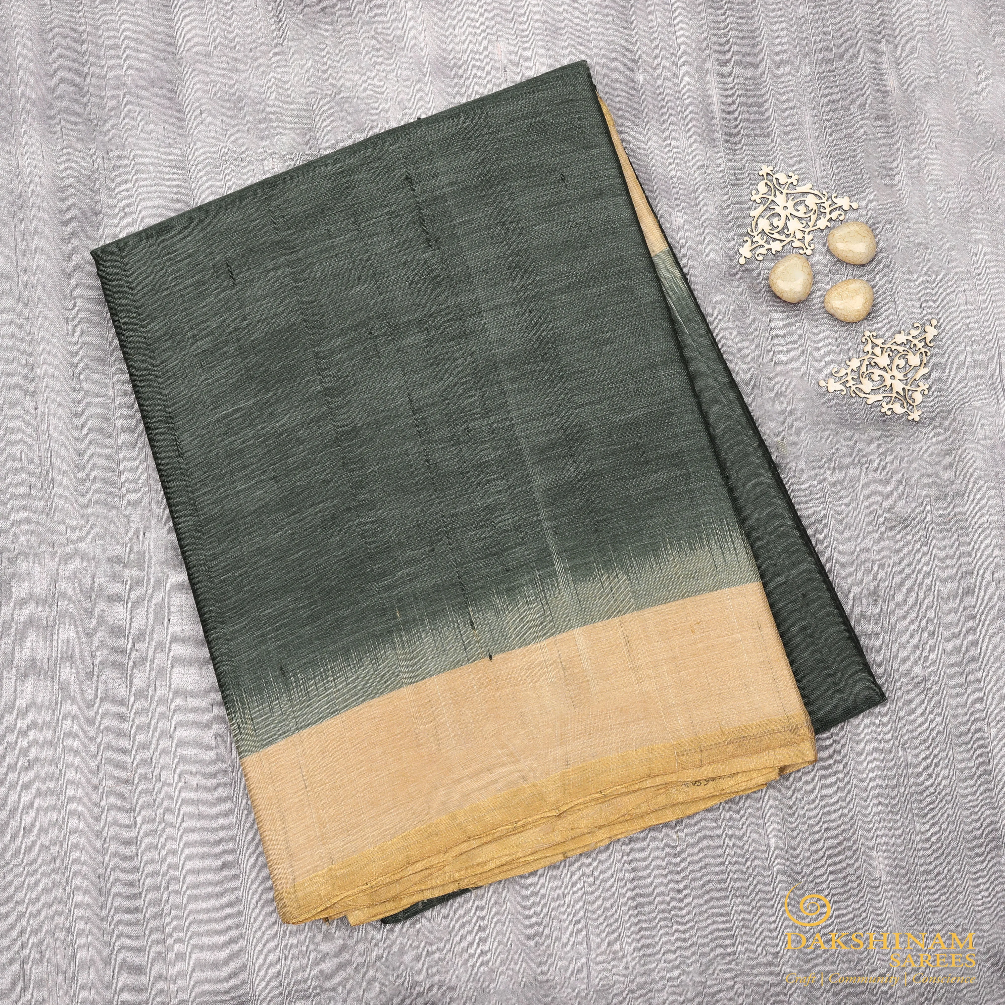 Handwoven Green with Beige Tussar Silk Saree - 1261T000976DSC