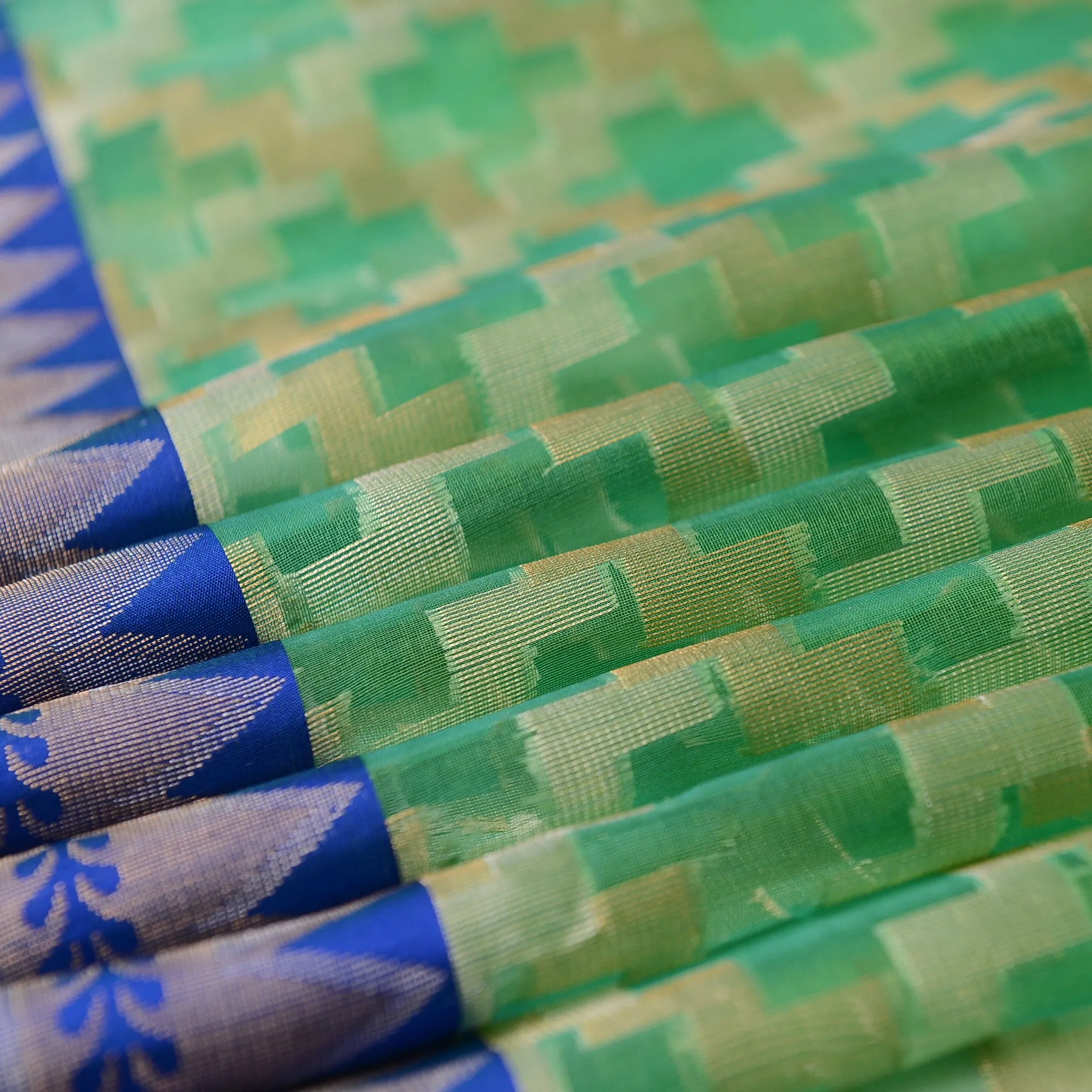 Handwoven Green with Blue Kora Silk Saree - 305N014592DSJ