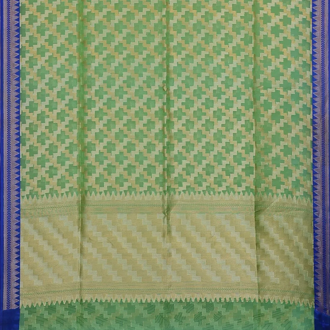 Handwoven Green with Blue Kora Silk Saree - 305N014592DSJ