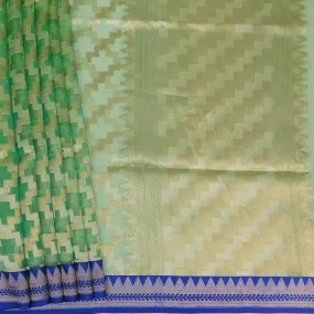 Handwoven Green with Blue Kora Silk Saree - 305N014592DSJ