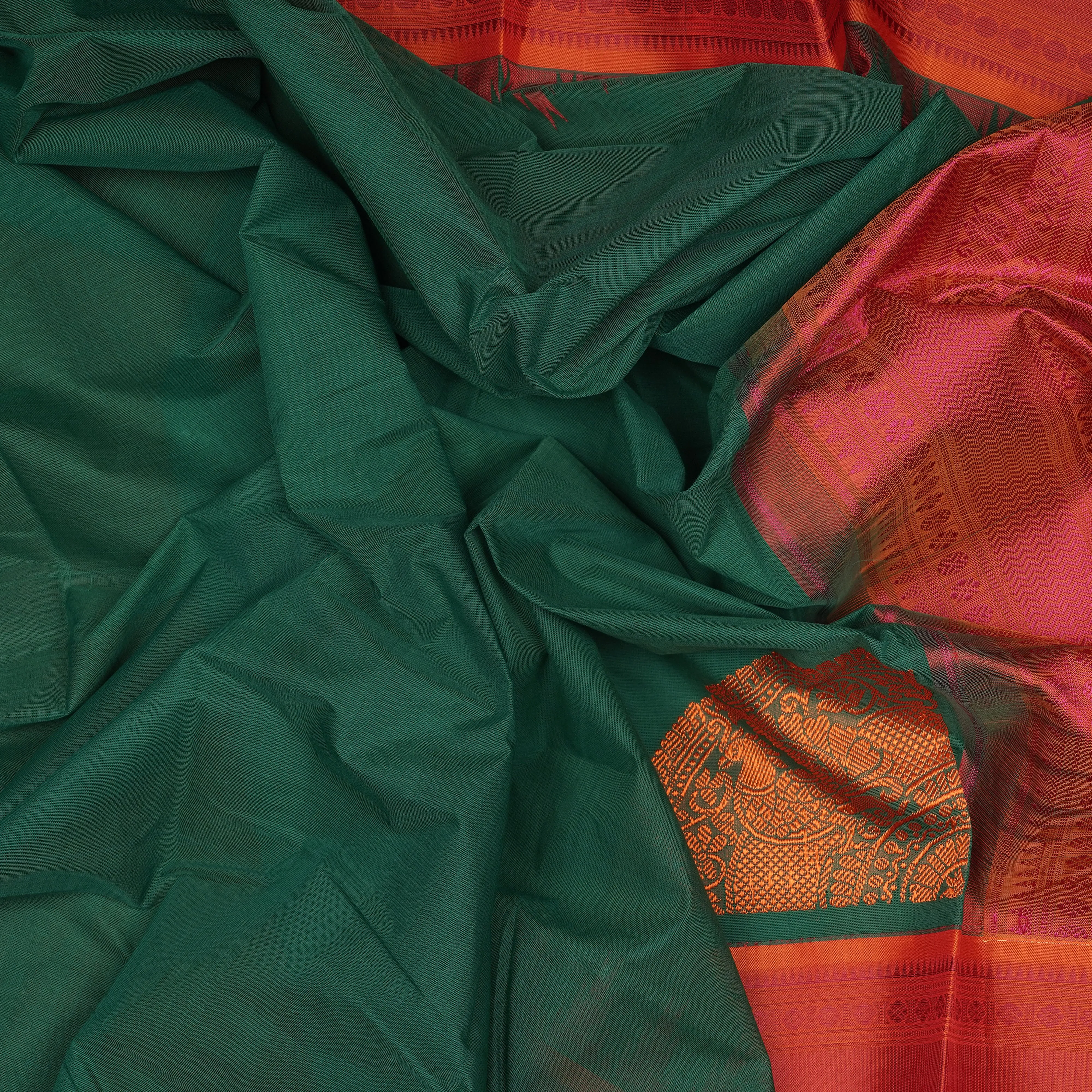 Handwoven Green with Orange Kanchipuram Silk Cotton Saree - 2189T010887DSC