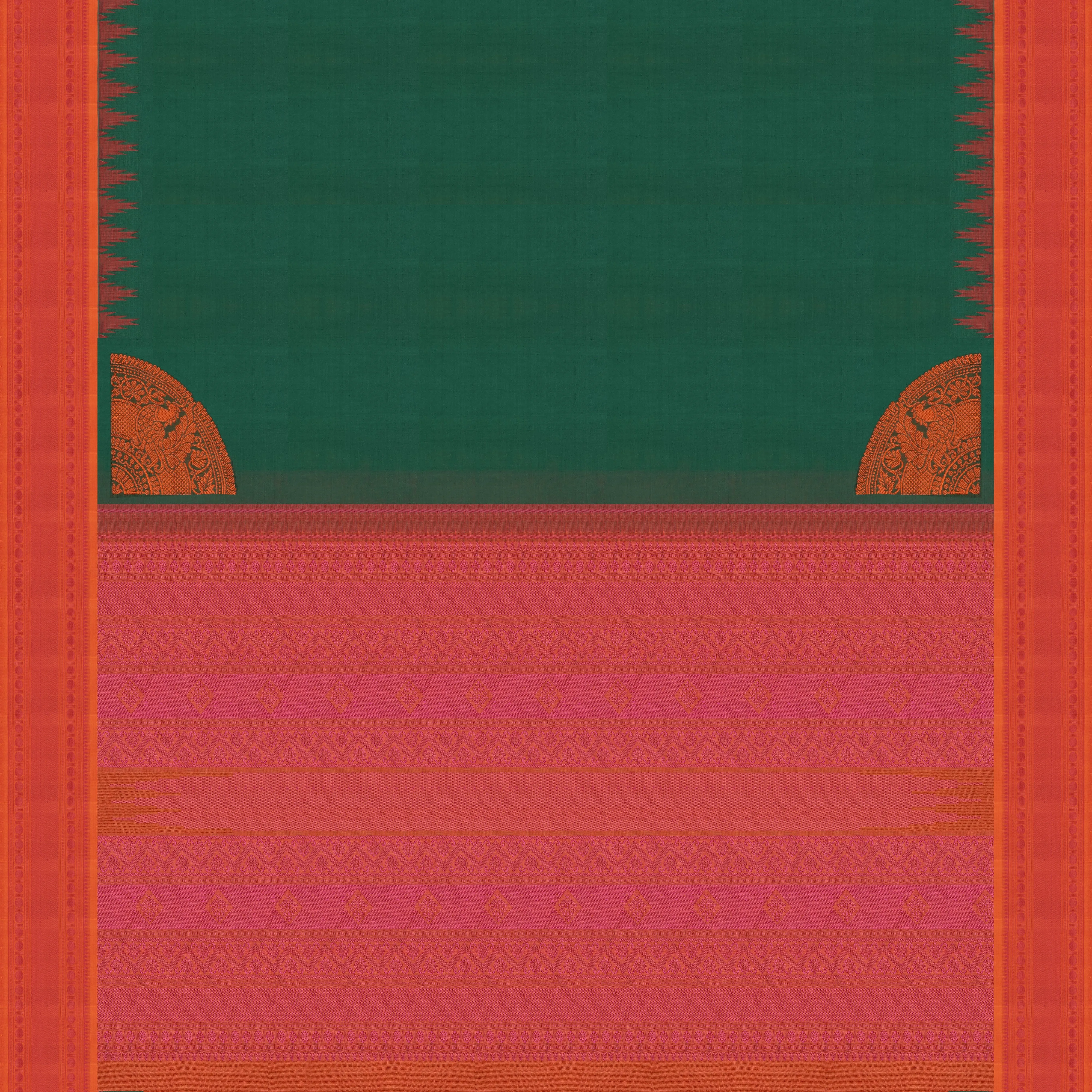 Handwoven Green with Orange Kanchipuram Silk Cotton Saree - 2189T010887DSC