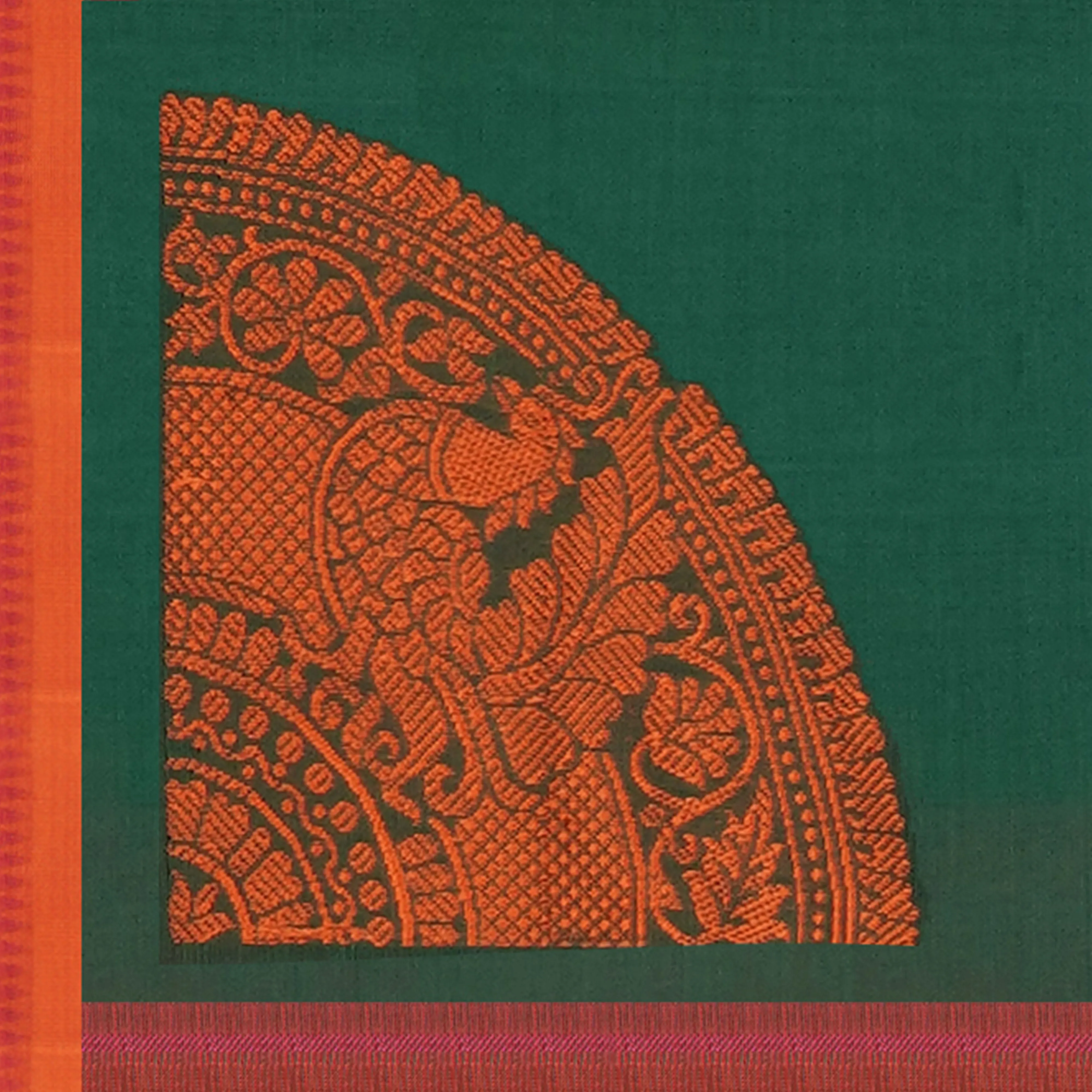 Handwoven Green with Orange Kanchipuram Silk Cotton Saree - 2189T010887DSC