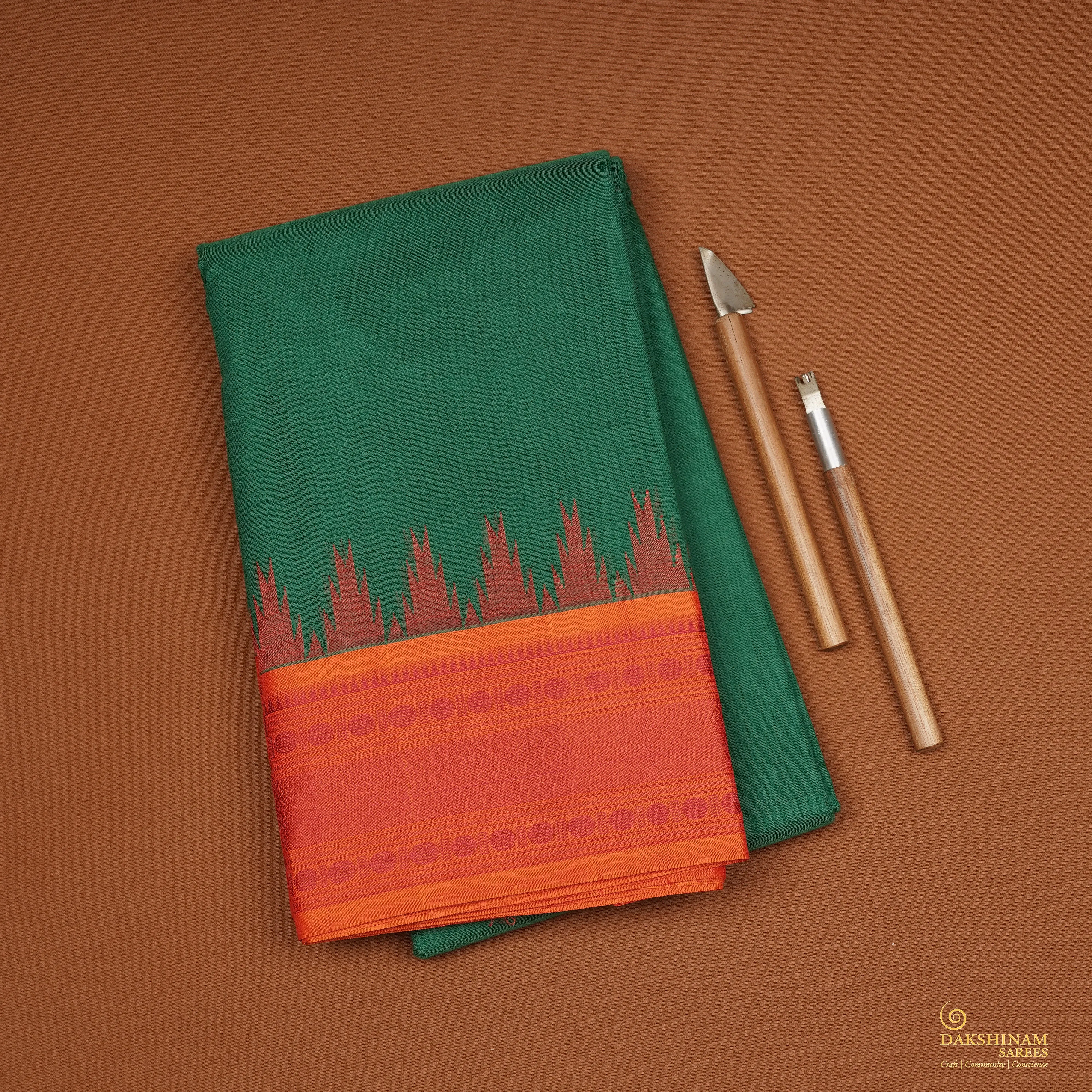 Handwoven Green with Orange Kanchipuram Silk Cotton Saree - 2189T010887DSC