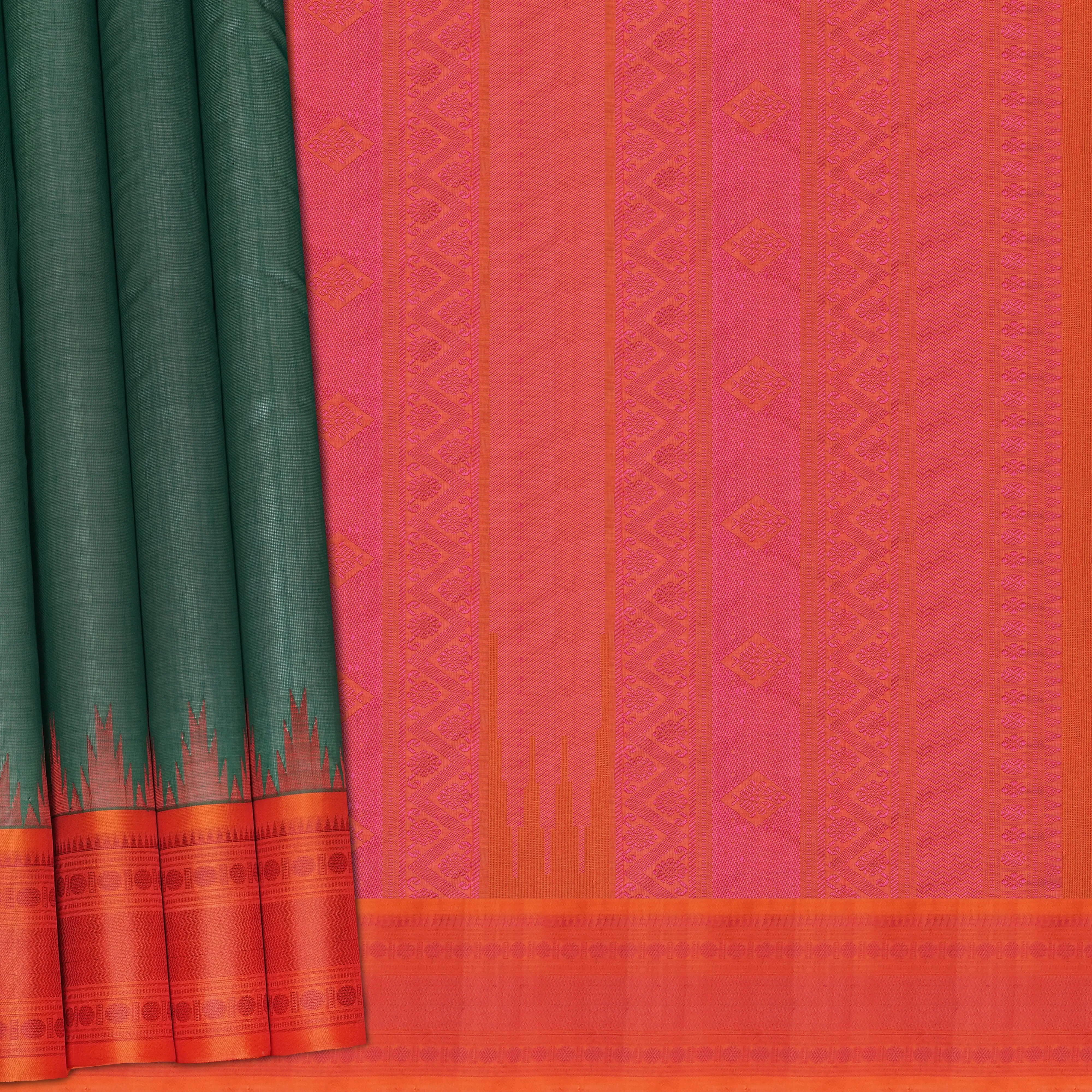 Handwoven Green with Orange Kanchipuram Silk Cotton Saree - 2189T010887DSC