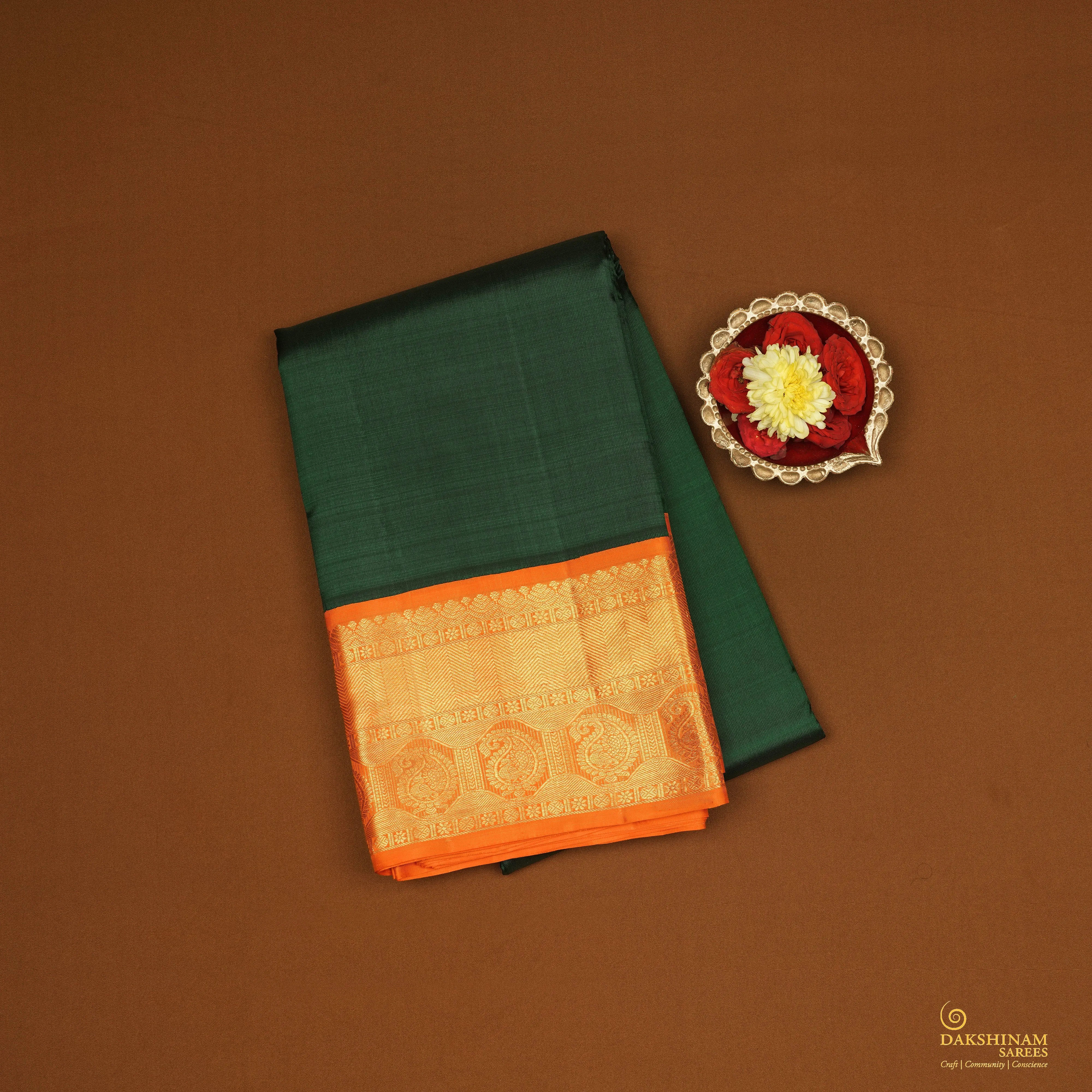 Handwoven Green with Orange Kanjivaram Silk Saree - 2137T00586DSC