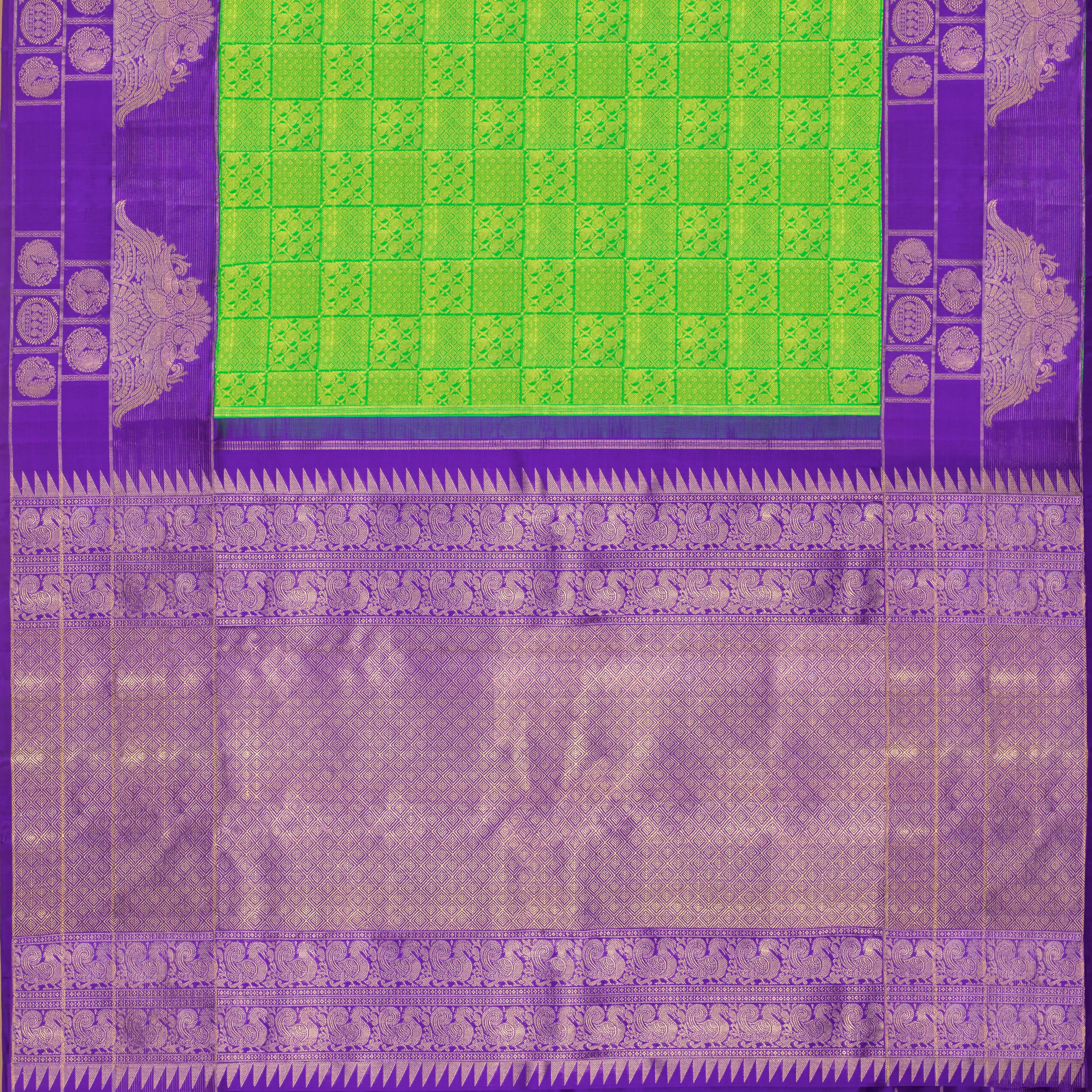 Handwoven Green with Purple Kanjivaram Silk Saree - 6T001361DSC