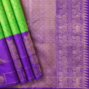 Handwoven Green with Purple Kanjivaram Silk Saree - 6T001361DSC