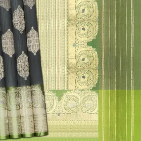 Handwoven Grey with Green Banarasi Tussar Silk Saree - 1399T004571DSC