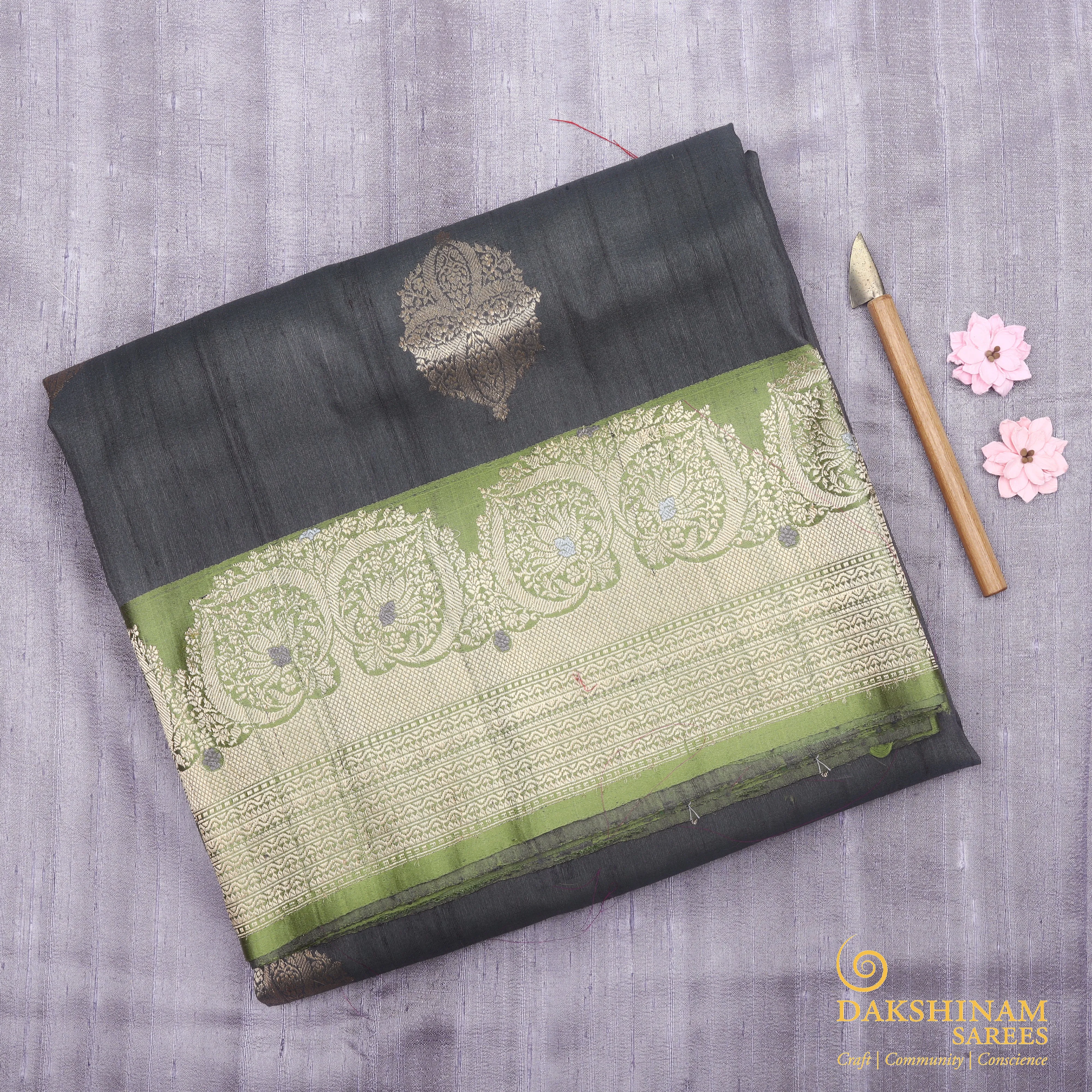 Handwoven Grey with Green Banarasi Tussar Silk Saree - 1399T004571DSC