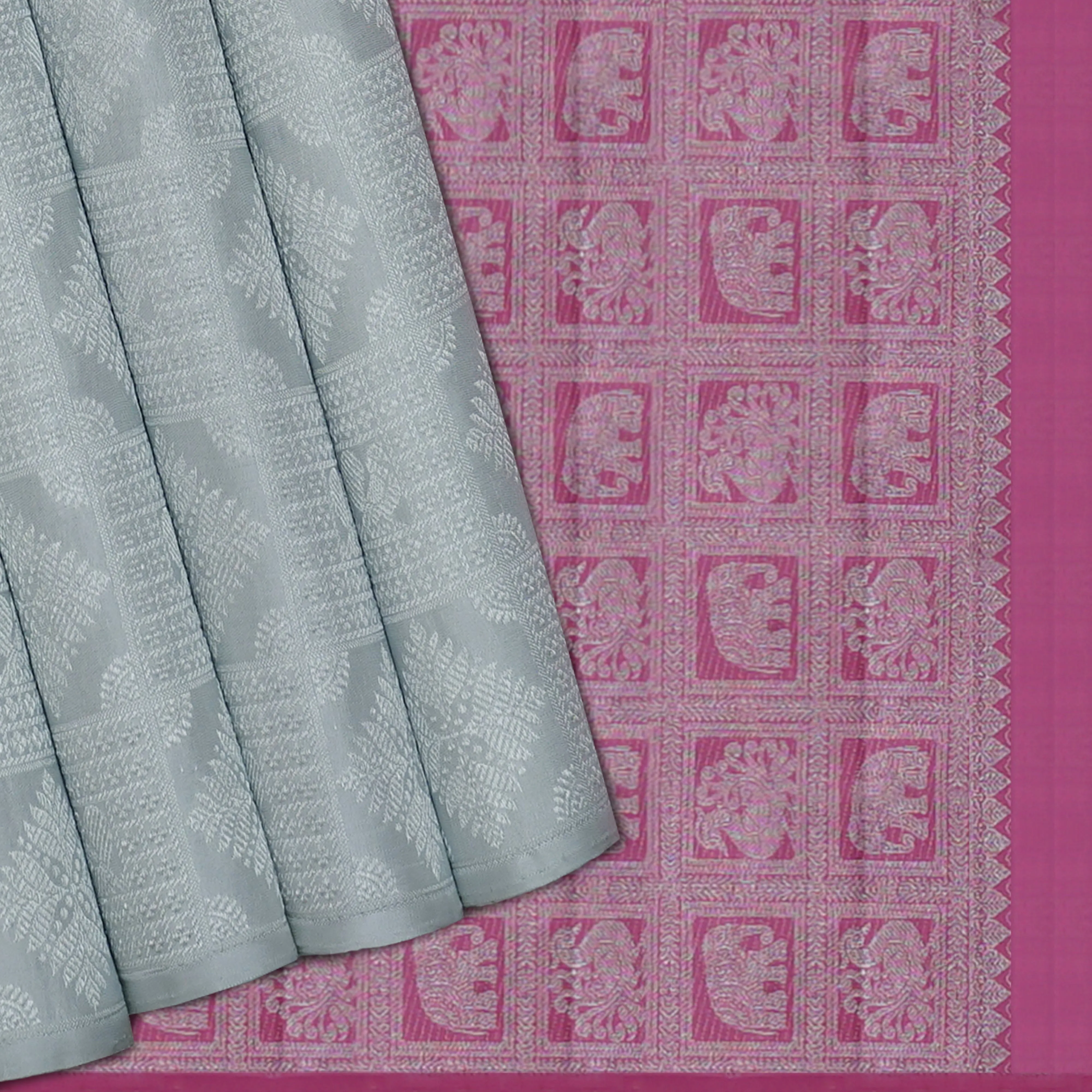 Handwoven Grey with Pink Kanjivaram Silk Saree - 1520T006058DSC