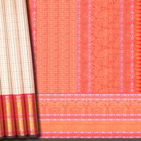 Handwoven Off-white with Pink Kanjivaram Silk Saree - 632T001418DSC