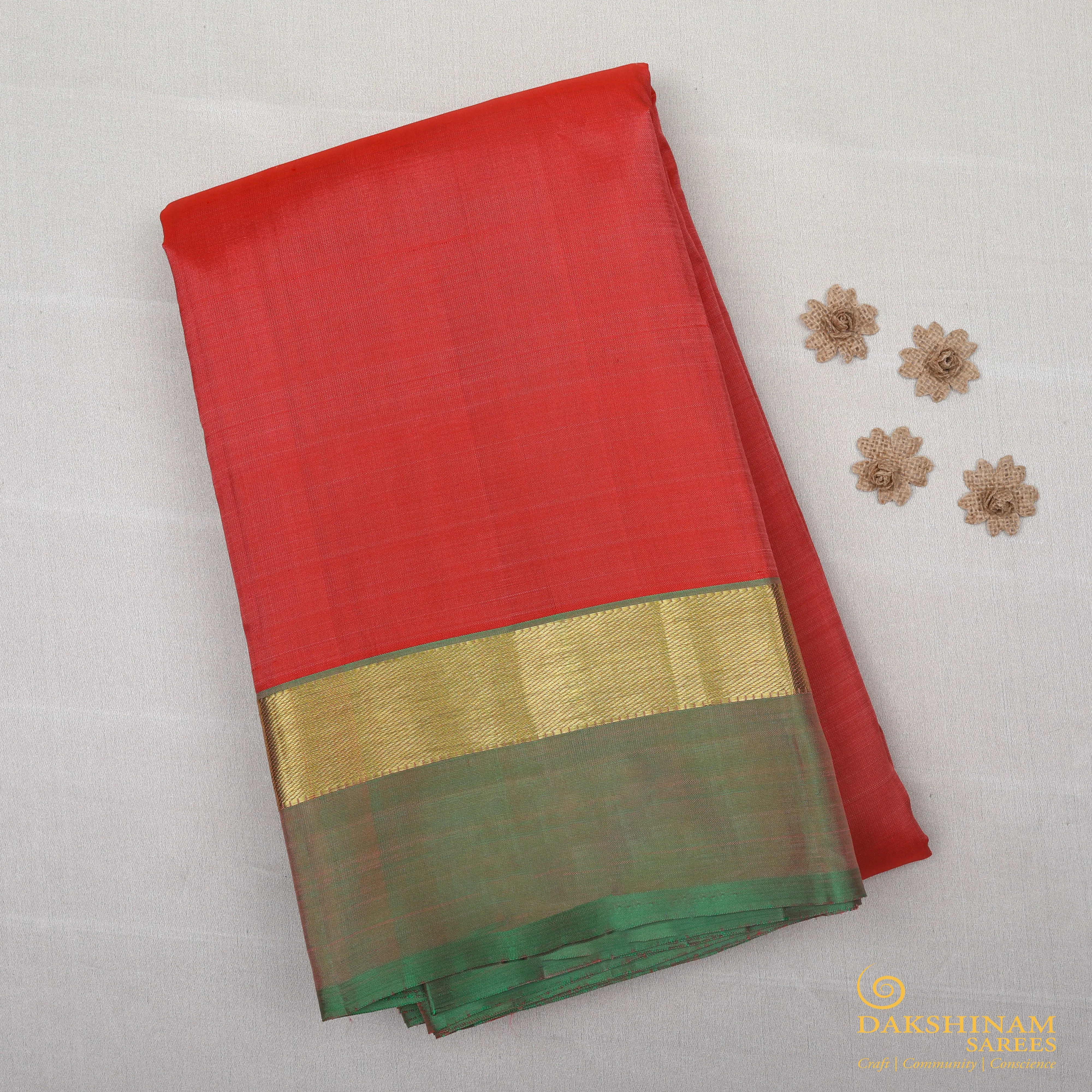 Handwoven Orange with Green Kanjivaram Silk Saree - 1353T004832DSC