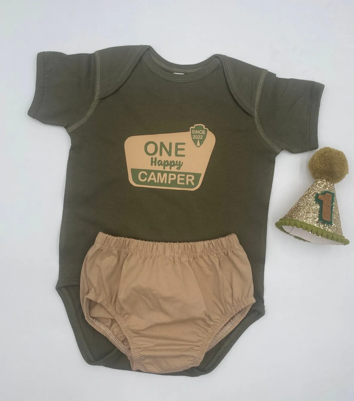 Happy Camper One Theme Set olive green bodysuit and tan diaper cover.