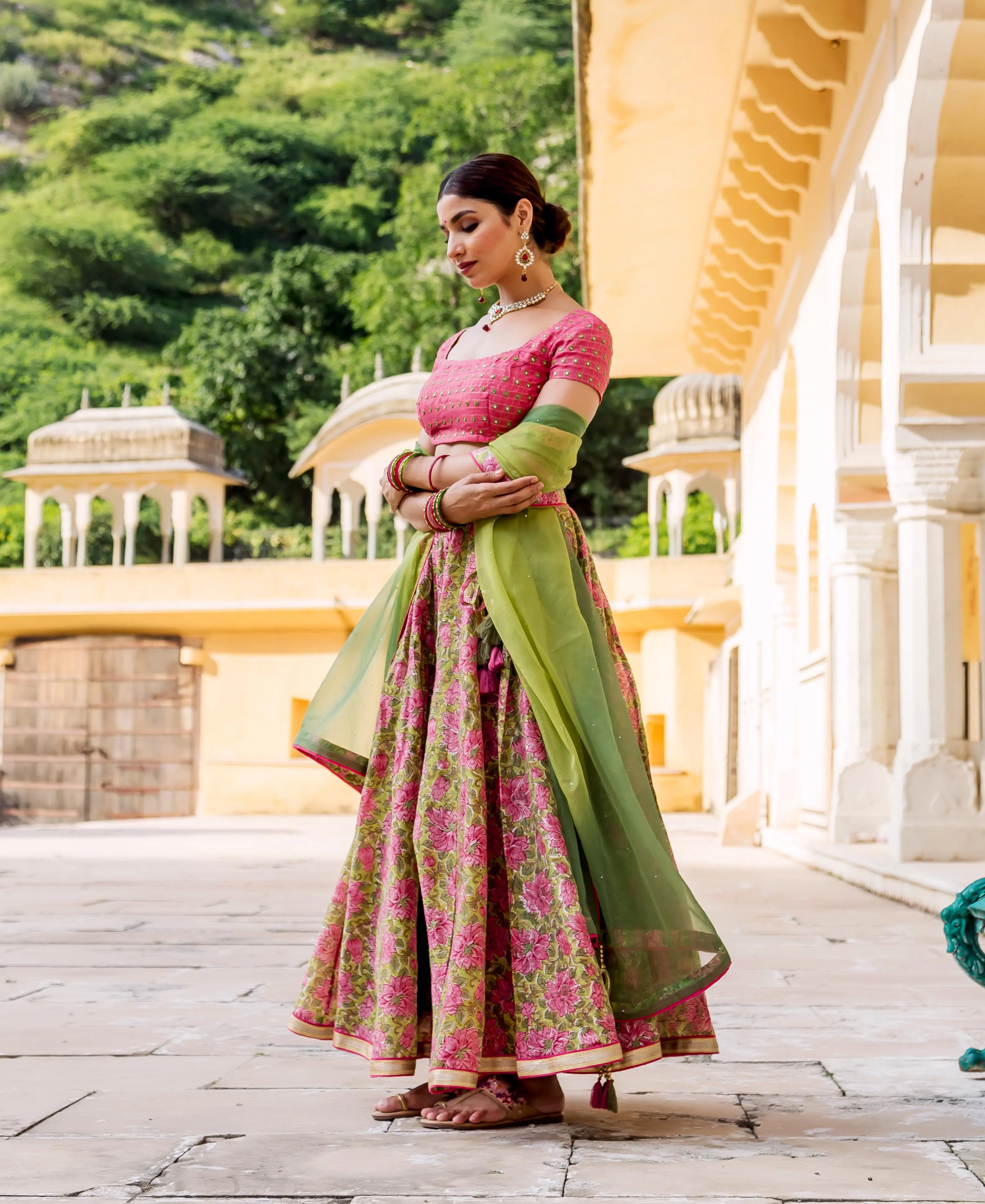 Heena Hand Block Printed and Embroidered Lehenga Set