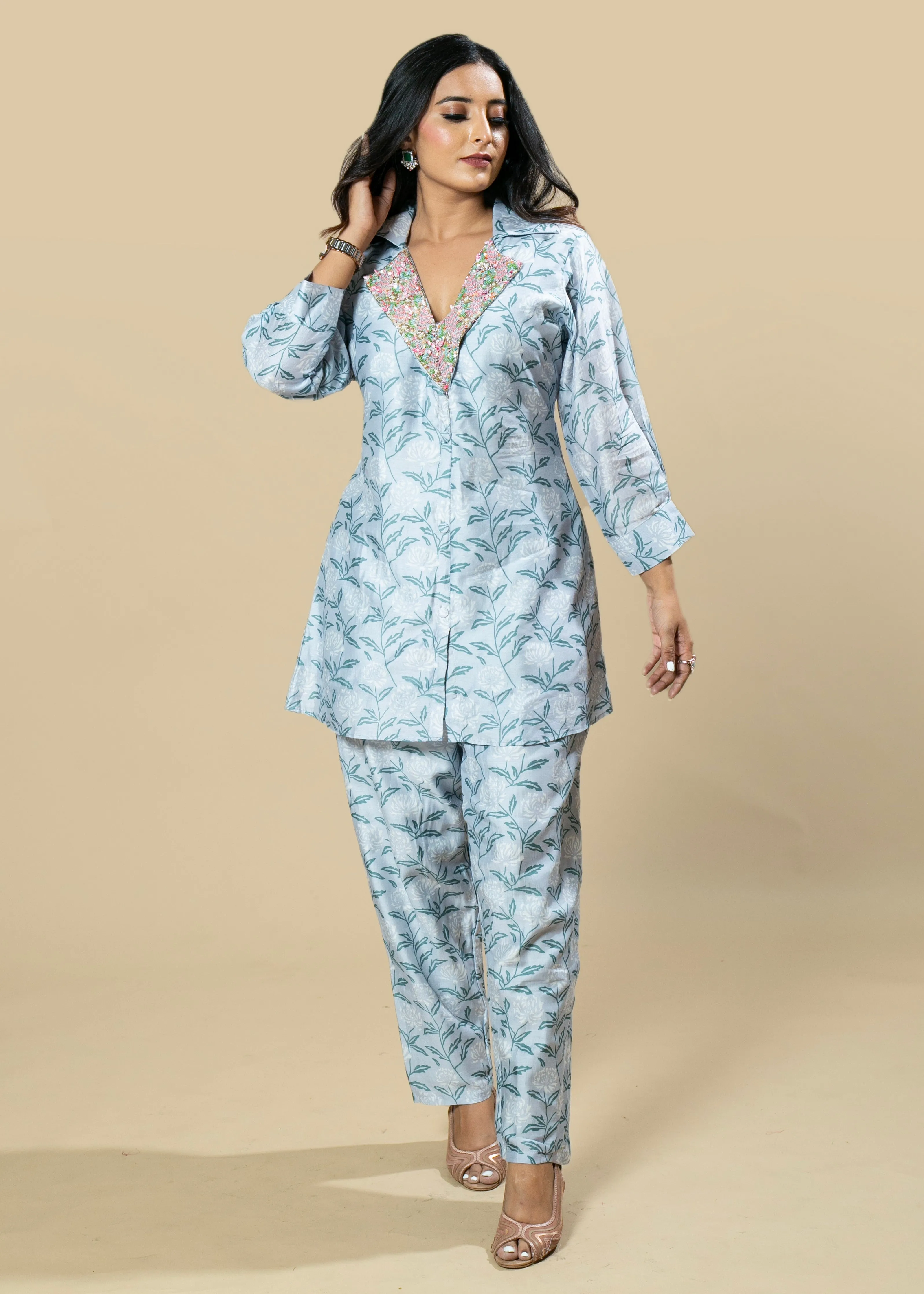 Ice blue Hand-Embroidered Abstract Print Muslin Coord Set