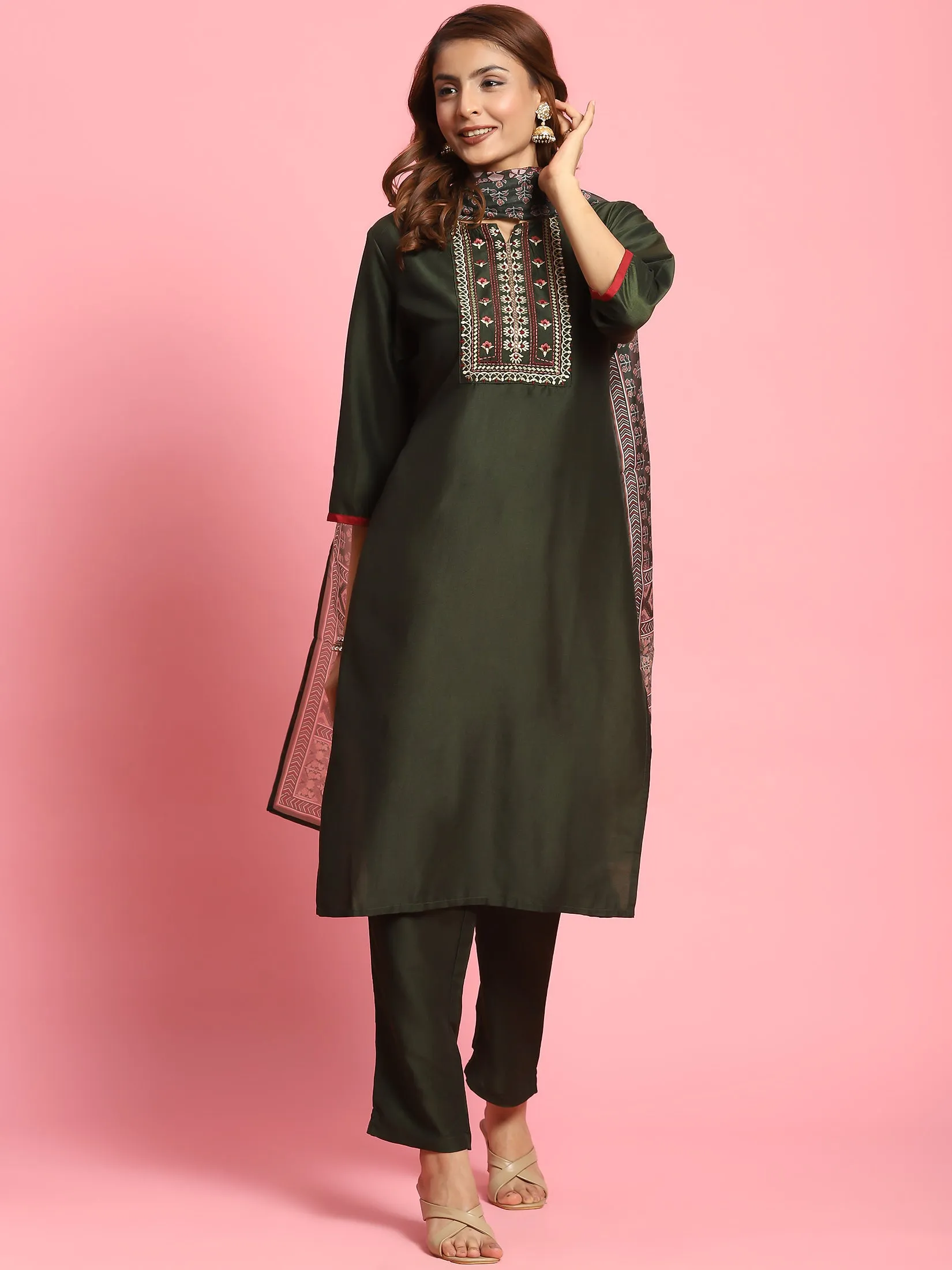 Indiessence Women Olive Embroidered Kurta Trouser Dupatta