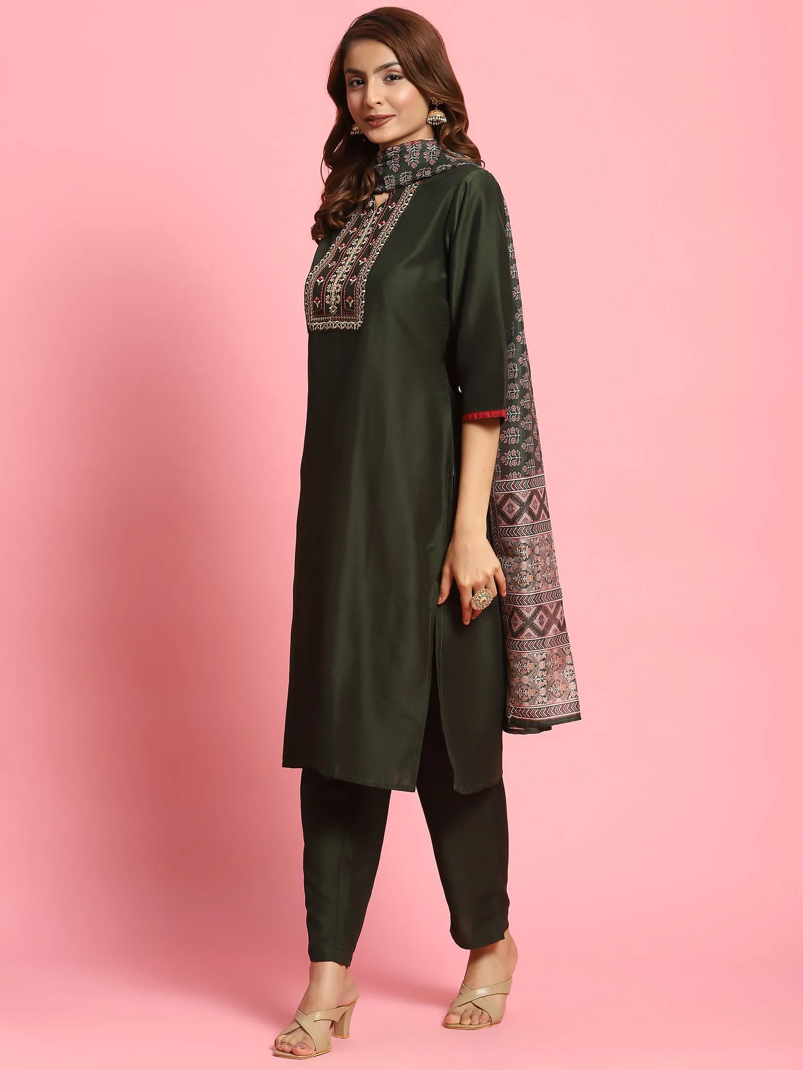 Indiessence Women Olive Embroidered Kurta Trouser Dupatta