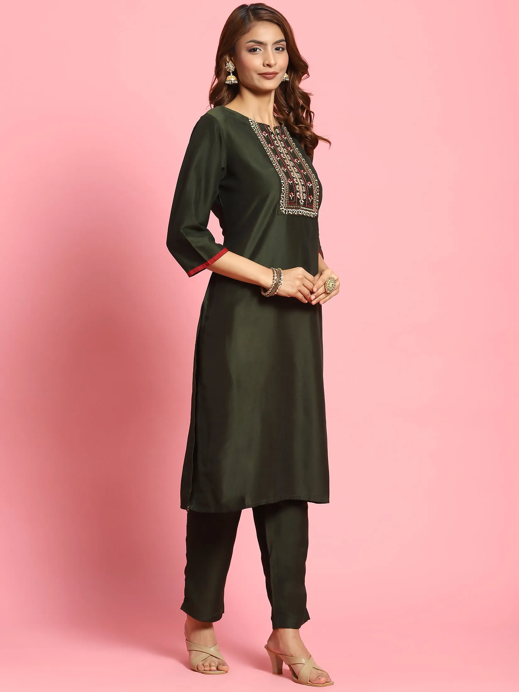 Indiessence Women Olive Embroidered Kurta Trouser Dupatta