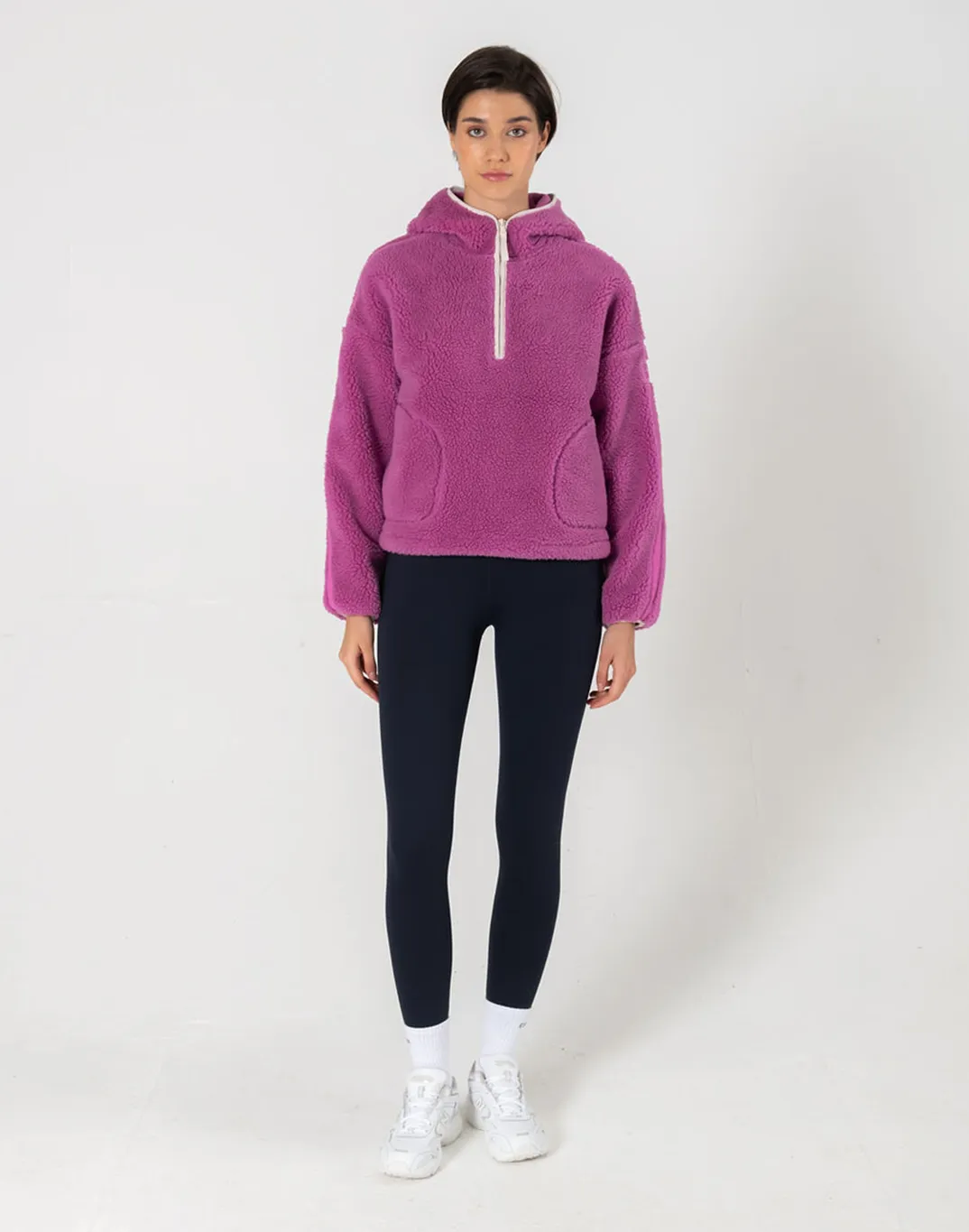 Industry Fleece Hooded Crop Half Zip in Crisp Pink