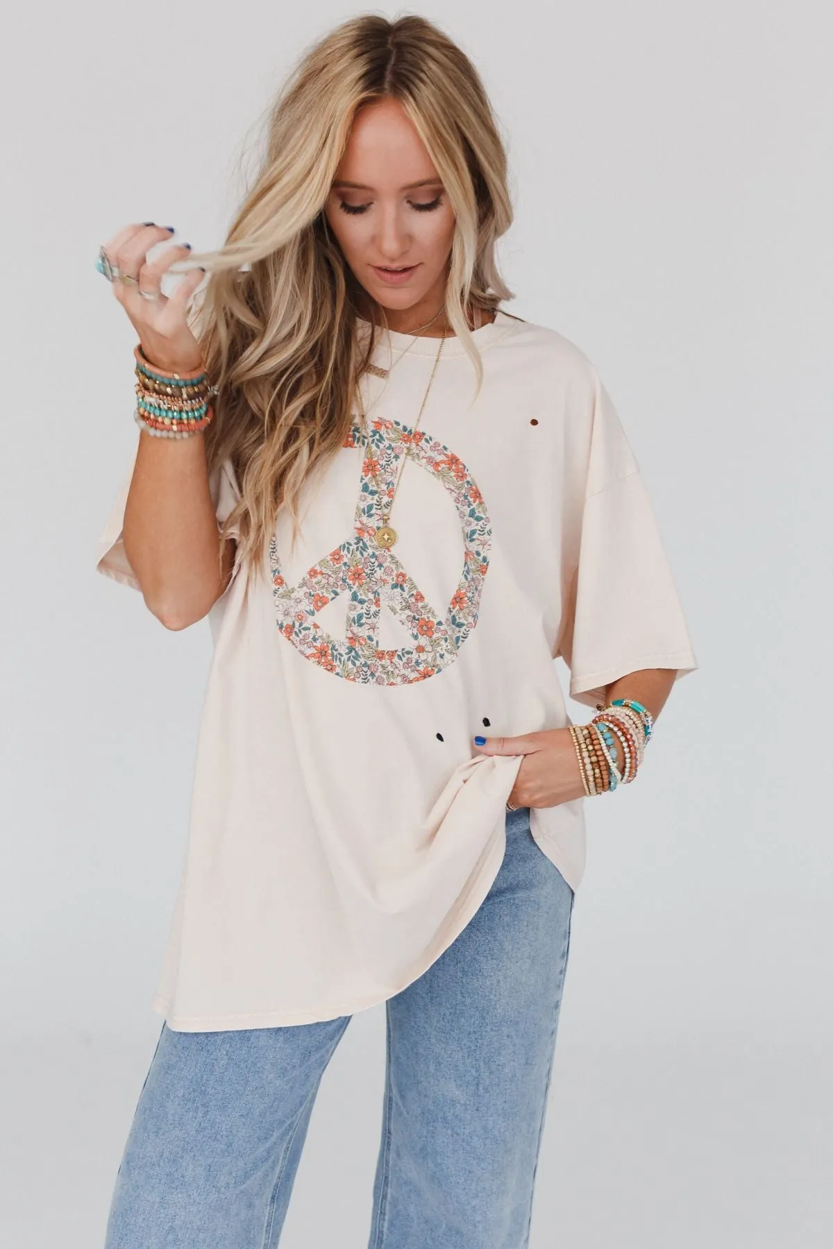 Jude Oversized Peace Sign Graphic Tee - Oatmeal