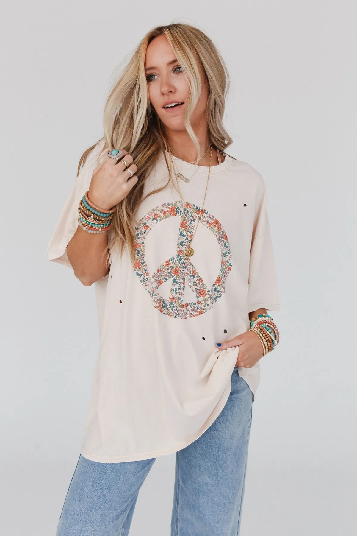 Jude Oversized Peace Sign Graphic Tee - Oatmeal