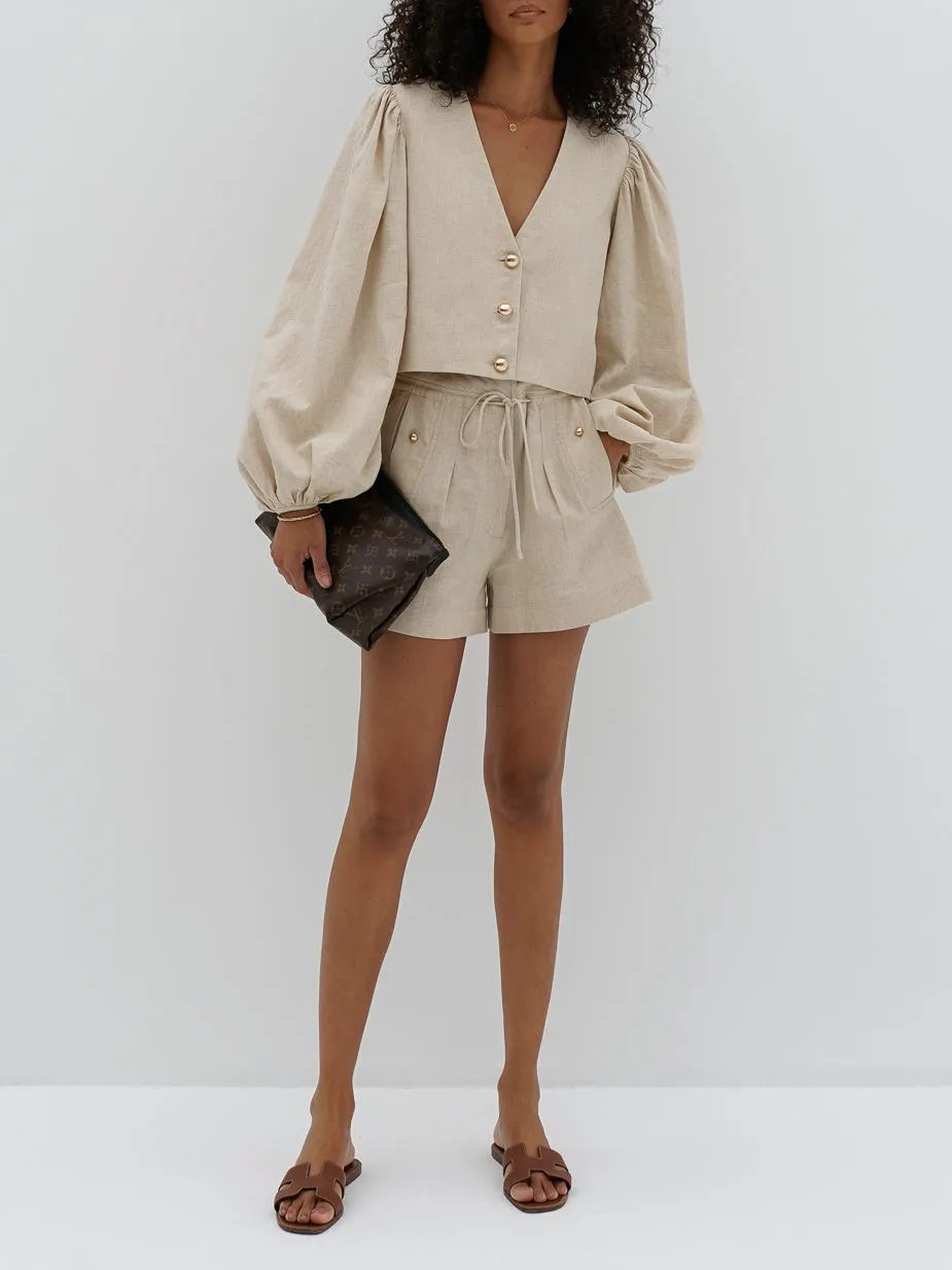 Kaia Gold Button Linen Day Shorts | Sand