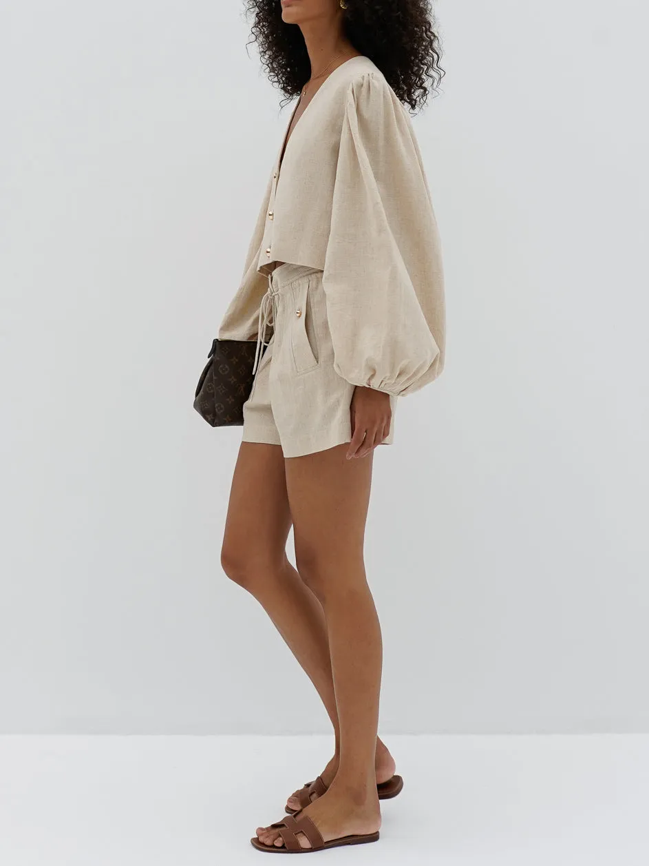 Kaia Volume Sleeve Linen Top | Sand