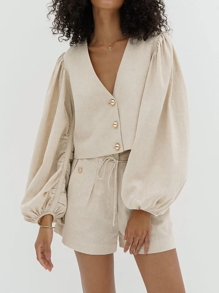 Kaia Volume Sleeve Linen Top | Sand