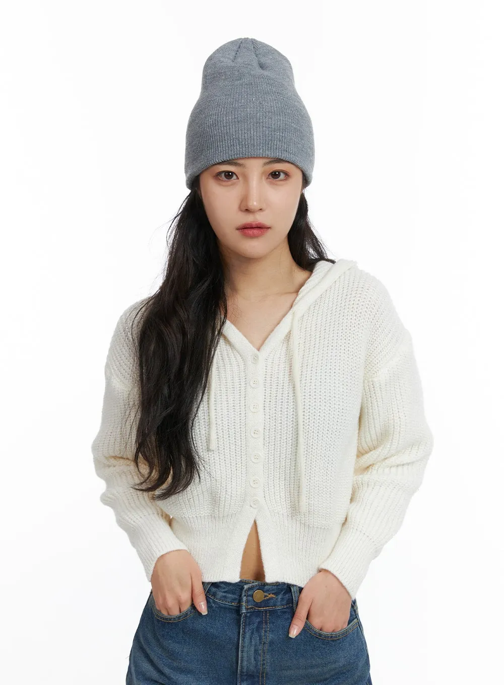 Knit Button Crop Hoodie OJ429