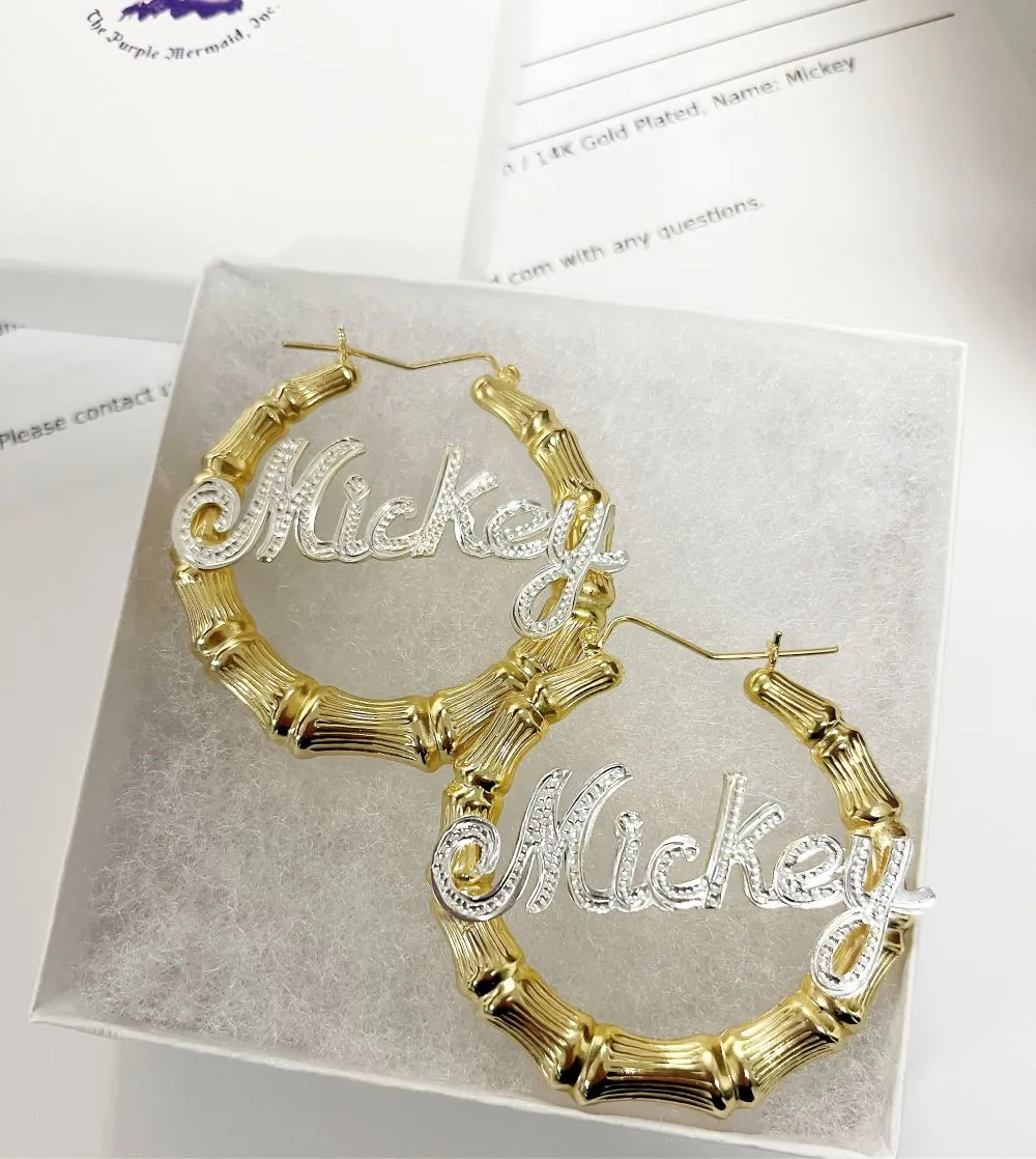 Large Bamboo Name Hoop Earrings - Mixed Metal