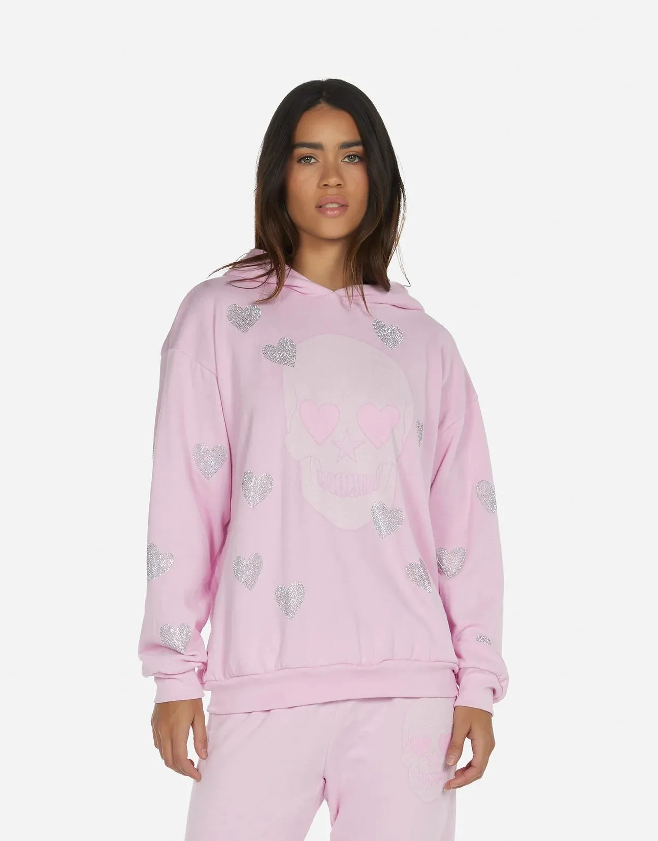 Lauren Moshi Harmony Crystal Pink Peace Love Skull Hooded Sweater