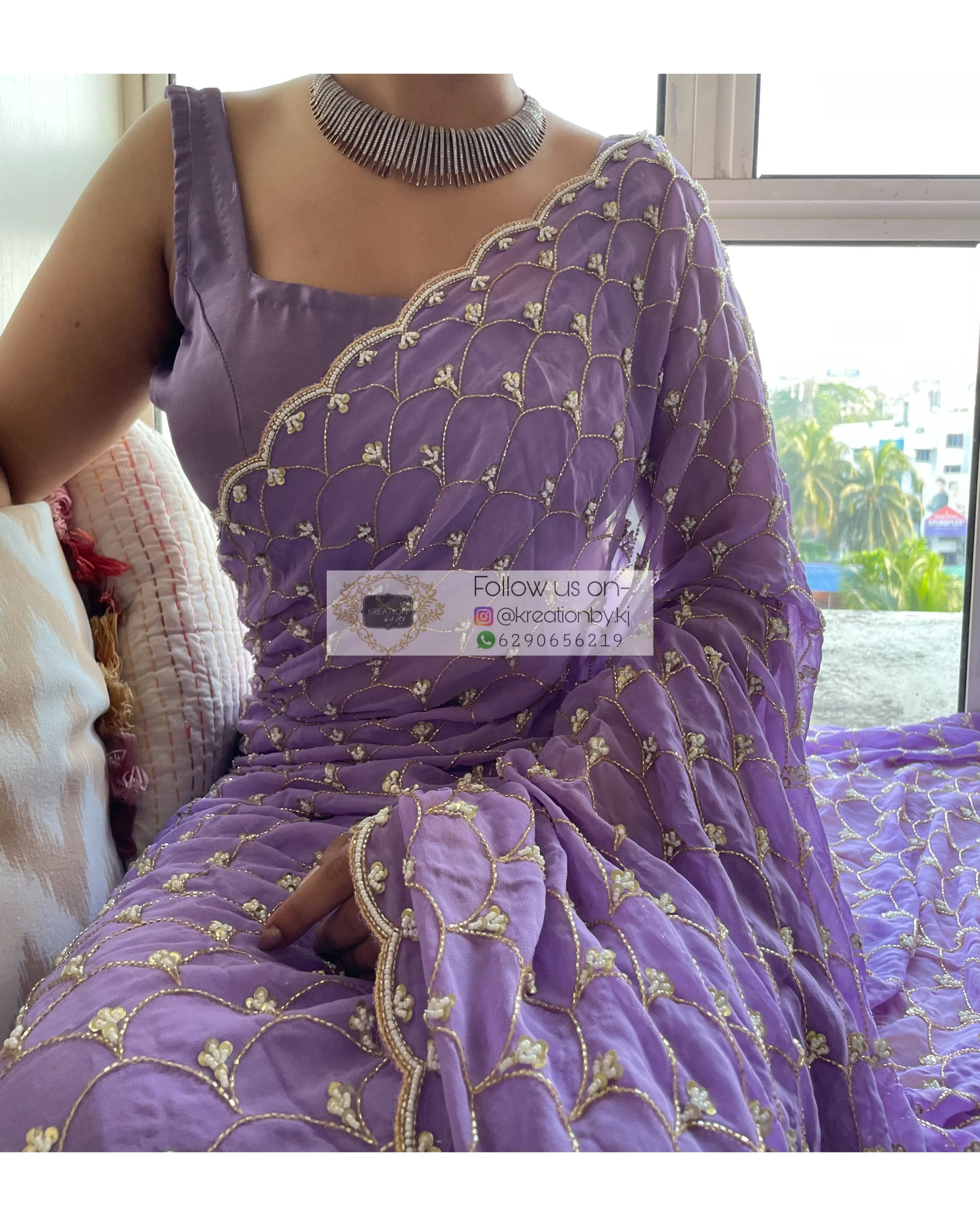 Lavender Georgette Cutdana Mehraab Jaal Saree