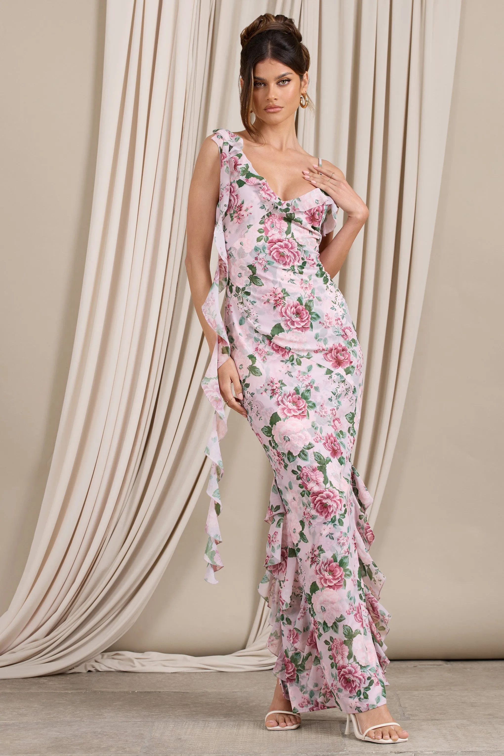 Leading Lady | Pink Floral Print Chiffon Asymmetric Ruffle Maxi Dress