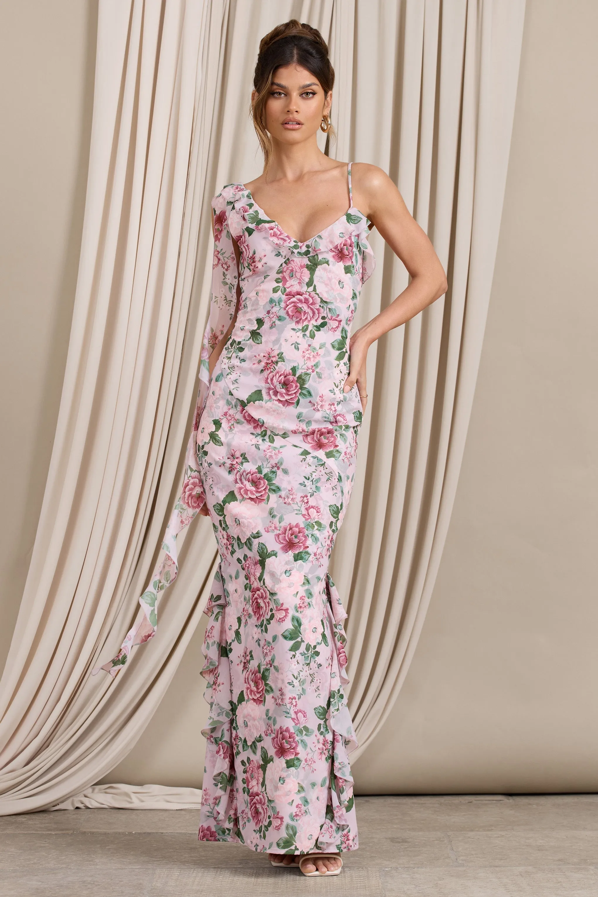 Leading Lady | Pink Floral Print Chiffon Asymmetric Ruffle Maxi Dress